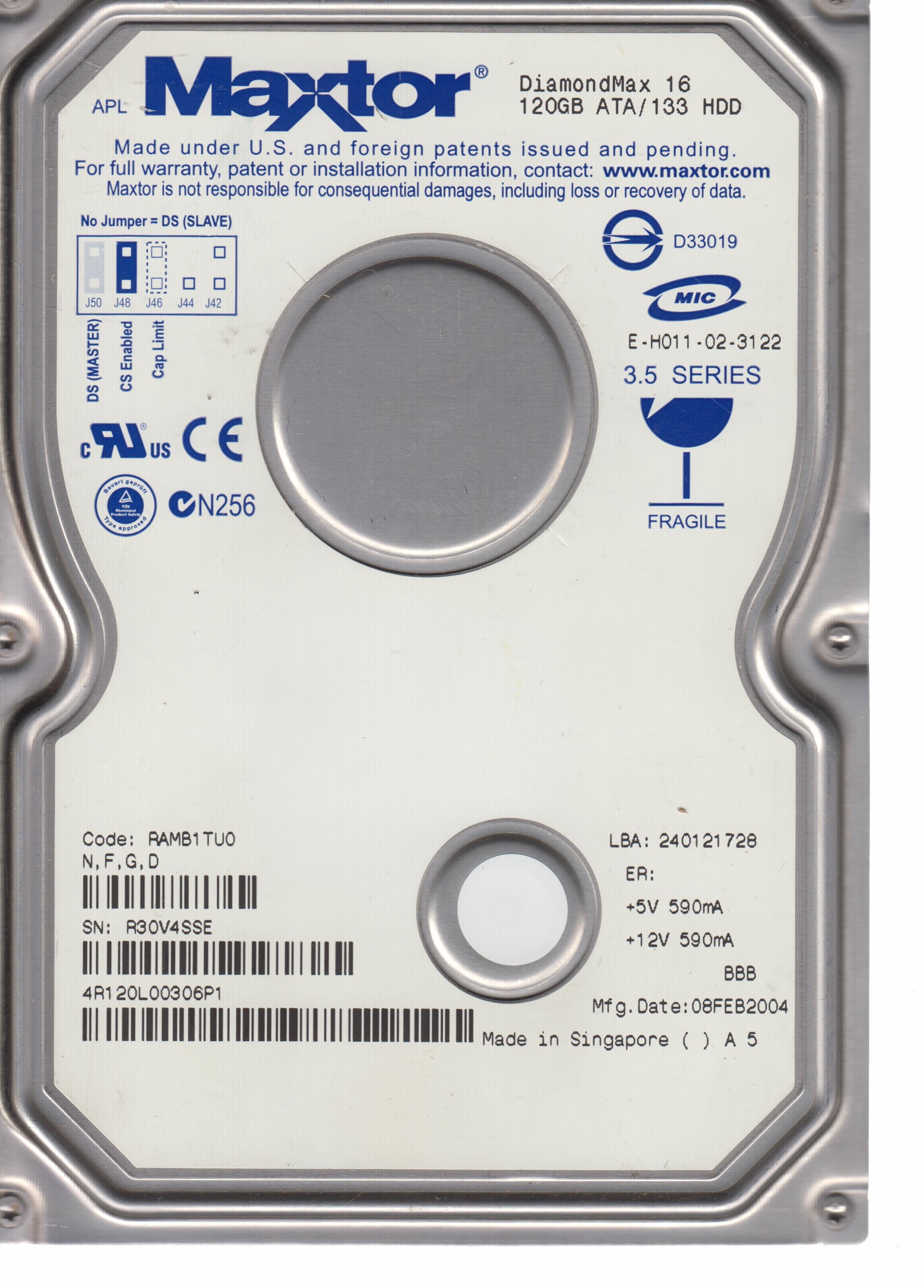 MODEL: 4R120L00306P1,  Serial Number: R30V4SSE,  120GB 3.5,    PCB: 301593100,  Main Chip: AGERE POKER D.7,