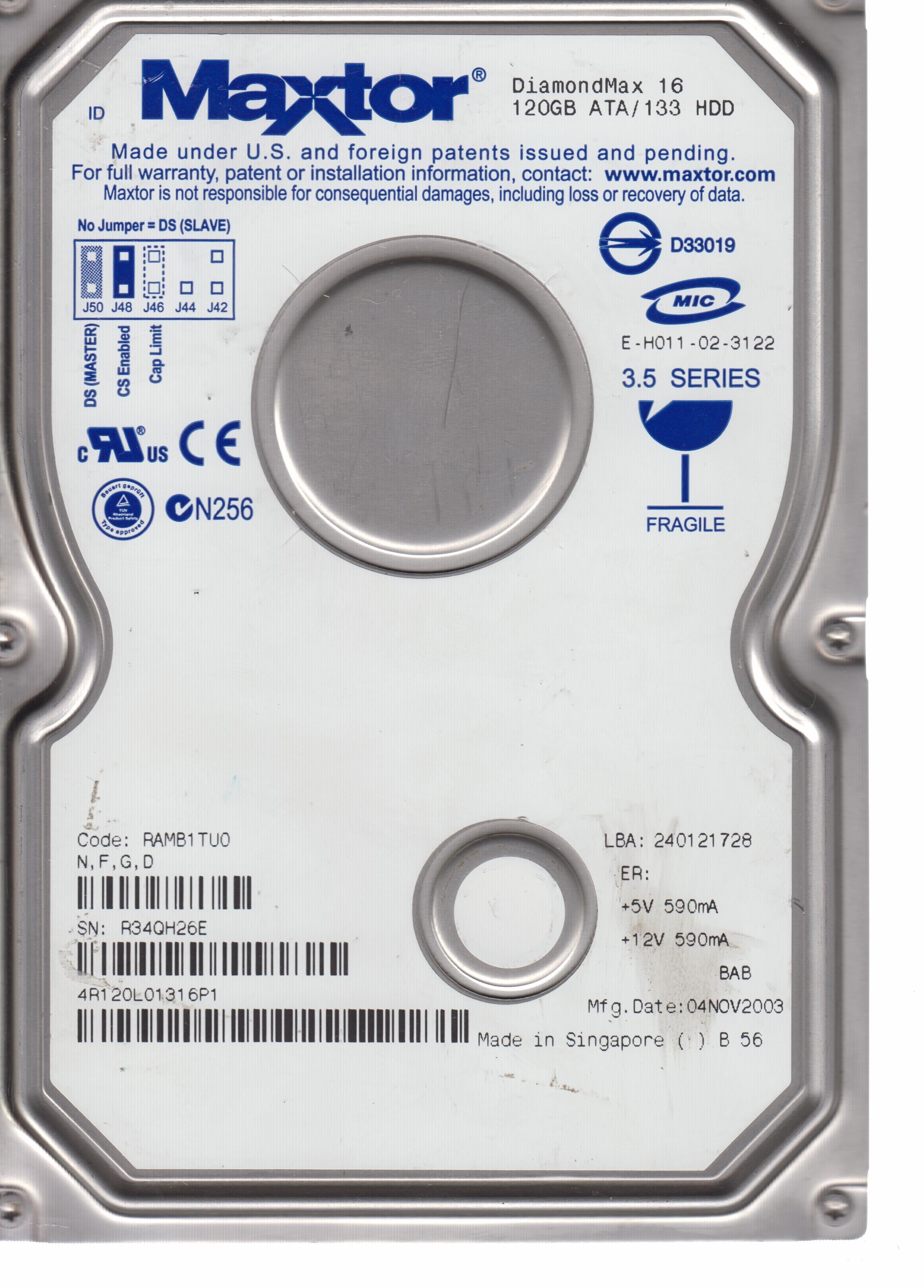 Model: &nbsp;4R120L0, PCB: 301593100&nbsp; S/N: R34QH26E 120GB 3.5