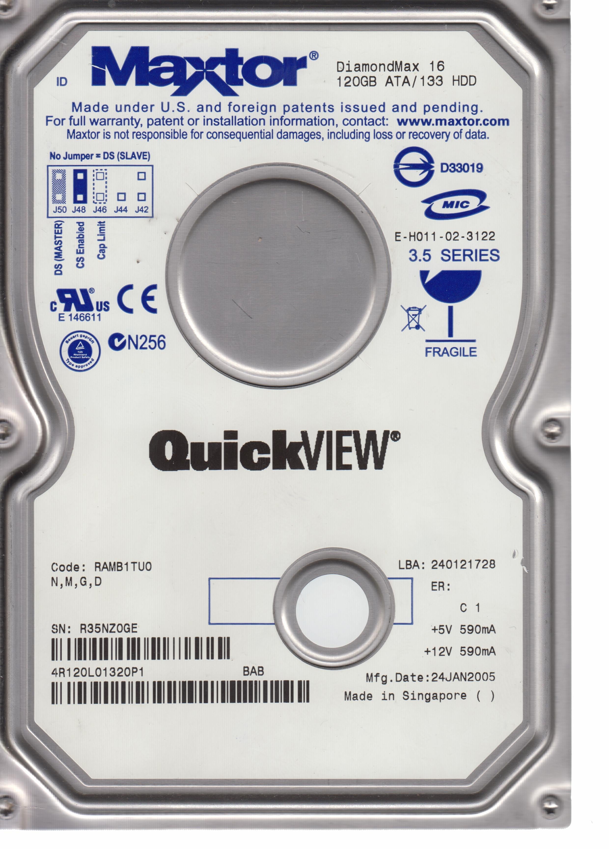 4R120L01320P1,  Serial: R35NZ0GE,  120GB 3.5,  PCB:301593100- REV A