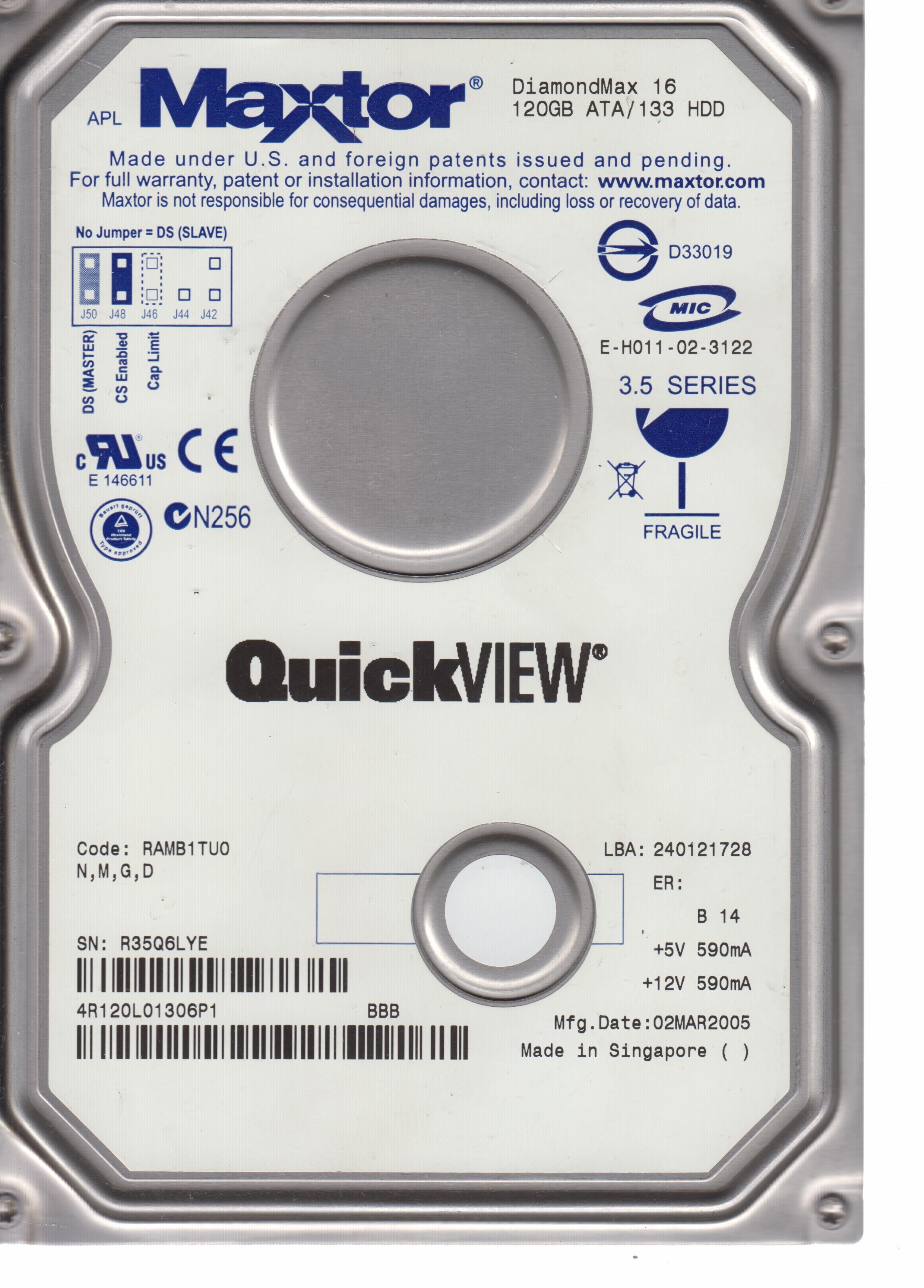 MODEL: 4R120L0,  Serial Number: R35Q6LYE,  120GB 3.5    PCB:301593100