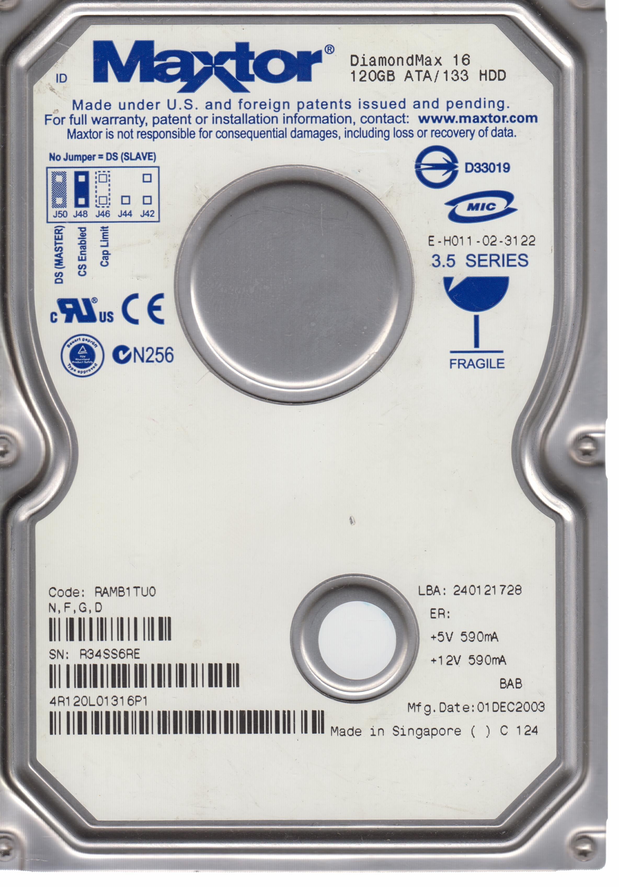 4R120L01316P1, PCB: 301593100, Serial Number: R34SS6RE, 120GB