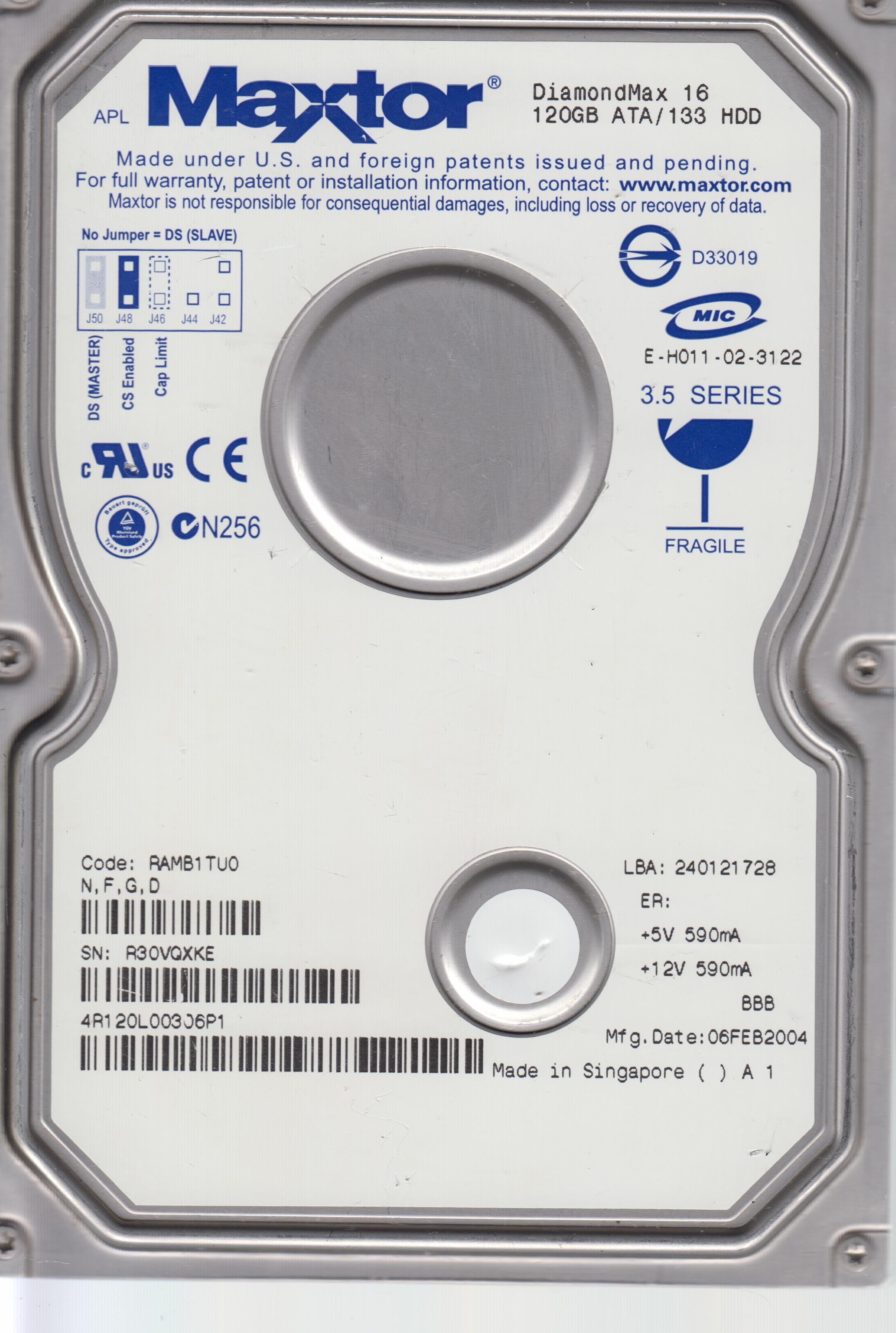 4R120L00306P1, CODE  RANB1TUO N,F,G,D 120GB 3.5