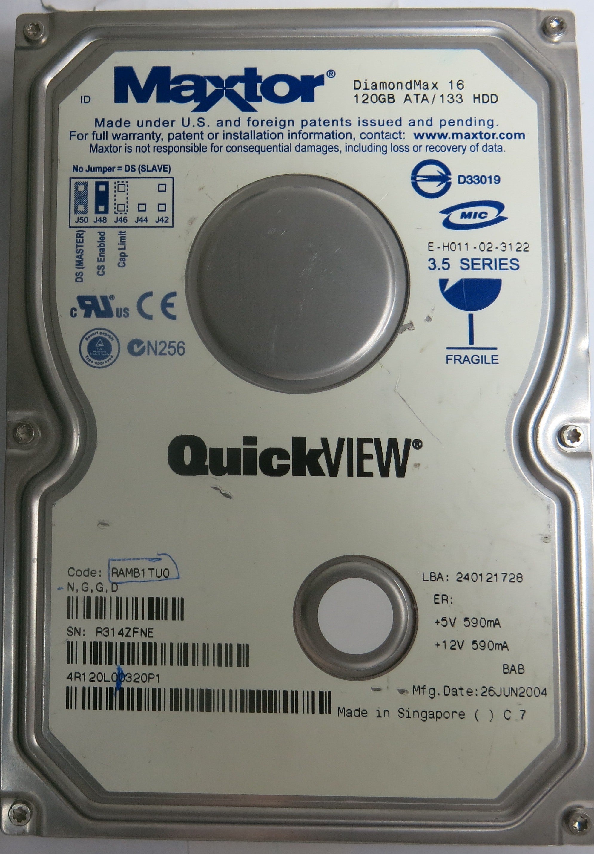 4R120L00320P1,Serial Number:R314ZFNE,120GB 3.5