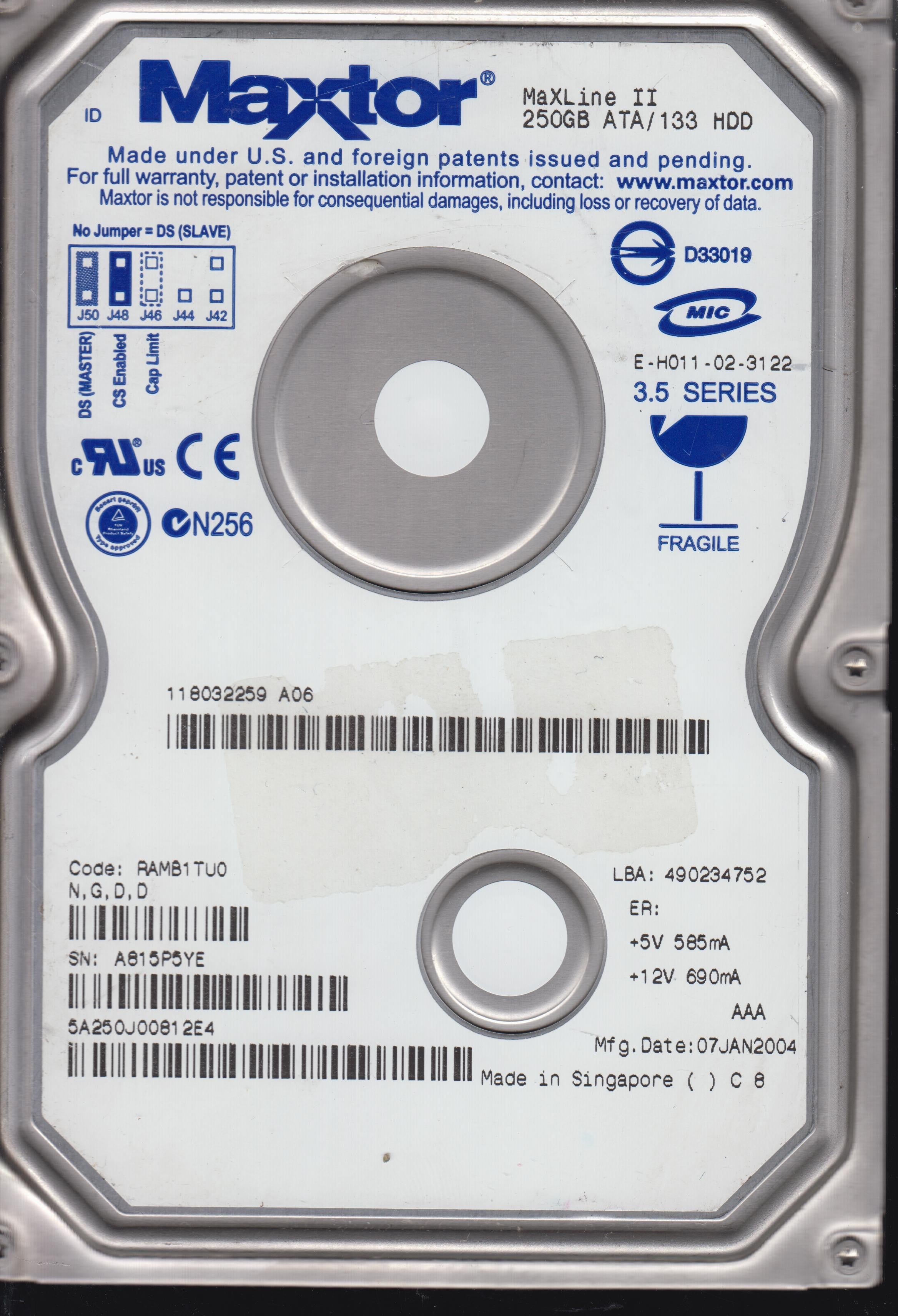 5A250J0, CODE RAMB1TUO NGDD 250GB 3.5