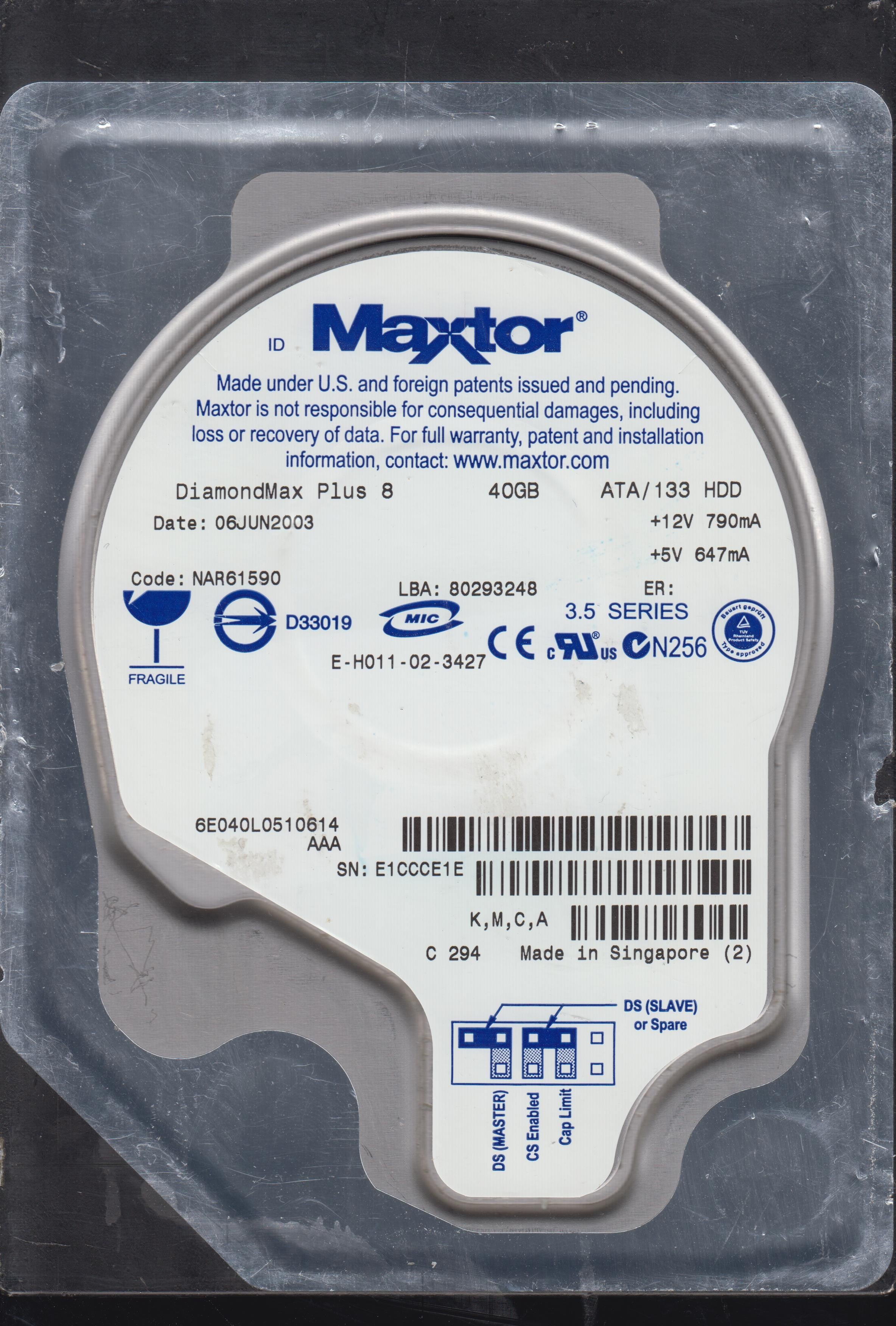 6E040L0 CODE NAR61590 K,M,C,A 40GB 3.5 SN: E1CCCE1E