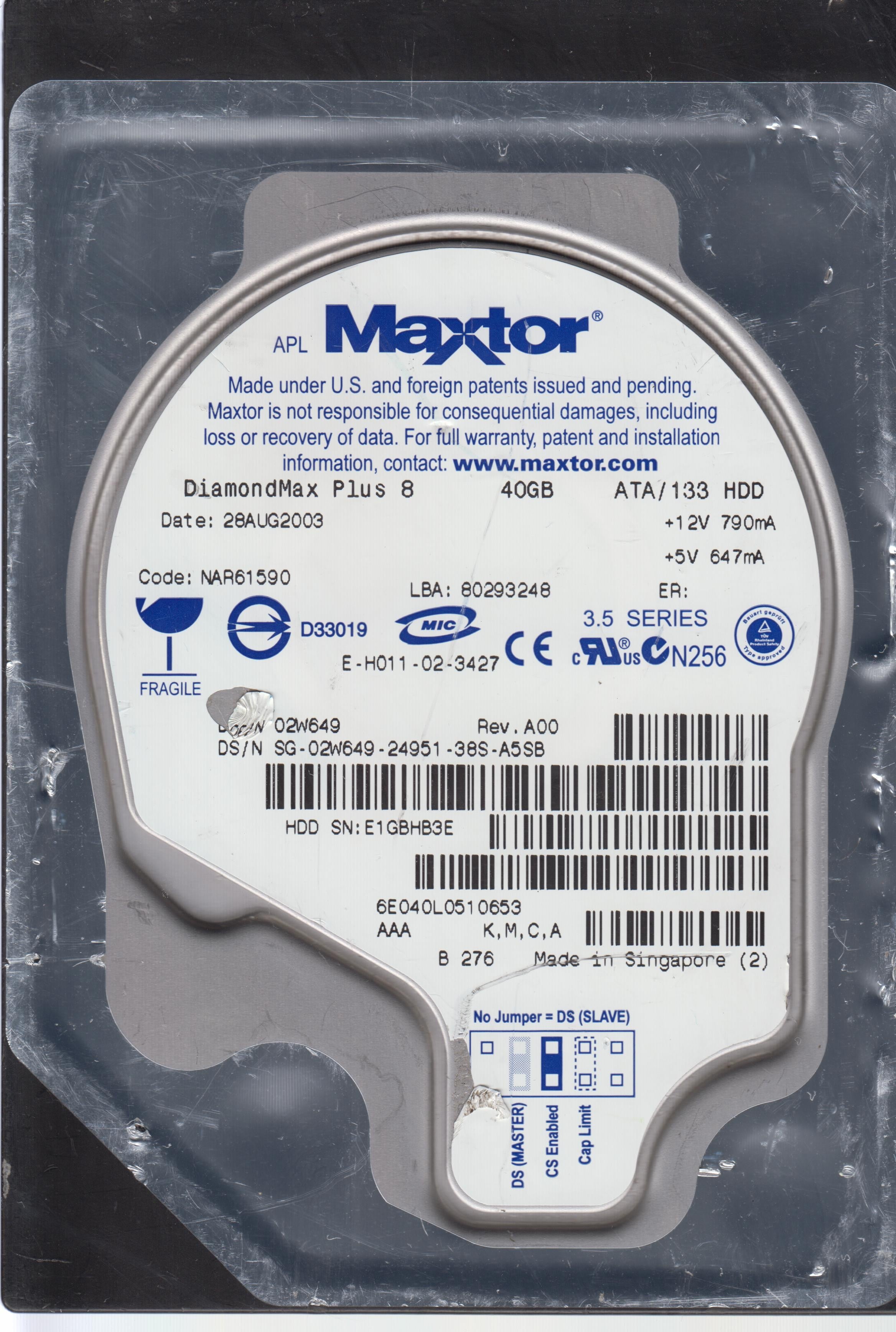 6E040L0, CODE NAR61590 K M C A 40GB 3.5