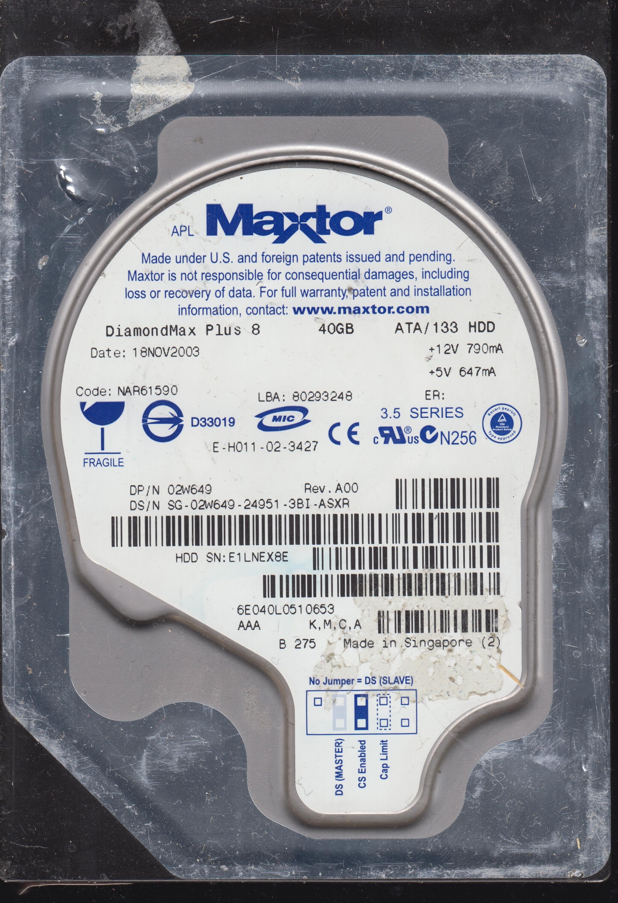 MODEL: 6E040L0510653  Serial Number: E1LNEX8E  40GB 3.5,    PCB: 301548100  Main Chip: ARDENT C9-C1