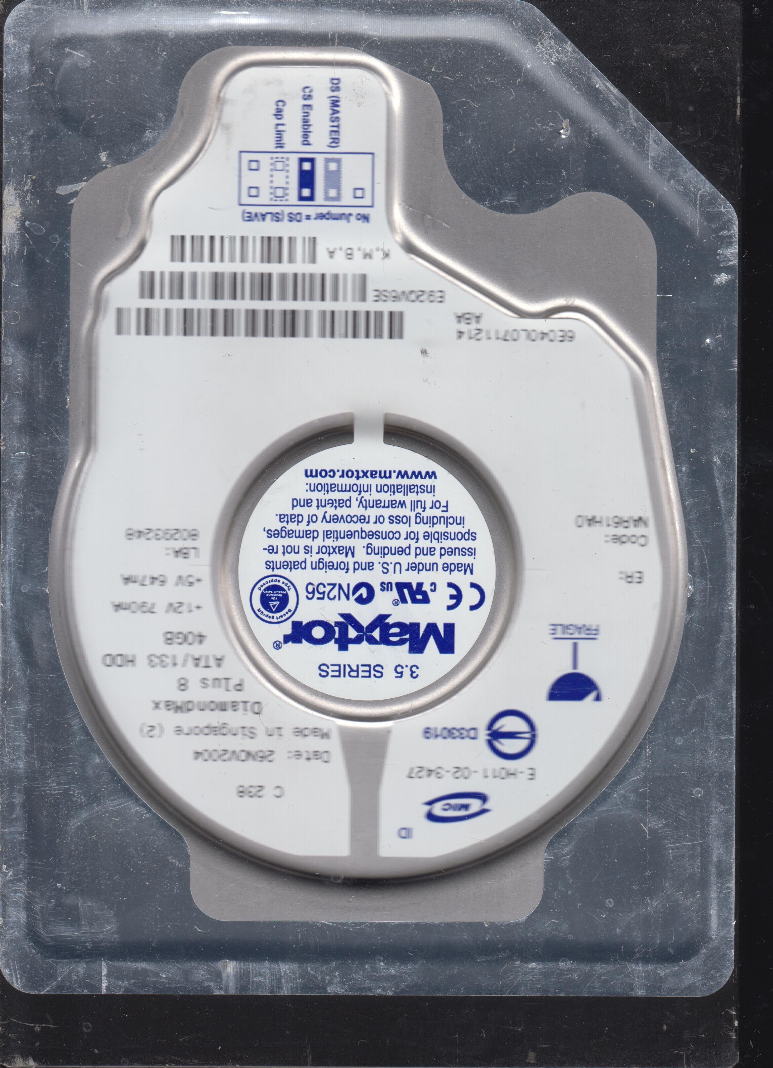MODEL: 6E040L0711214,  Serial Number: E92QV6SE,  40GB 3.5    PCB: 301548100,&nbsp;  Main Chip: ARDENT C9-C1,