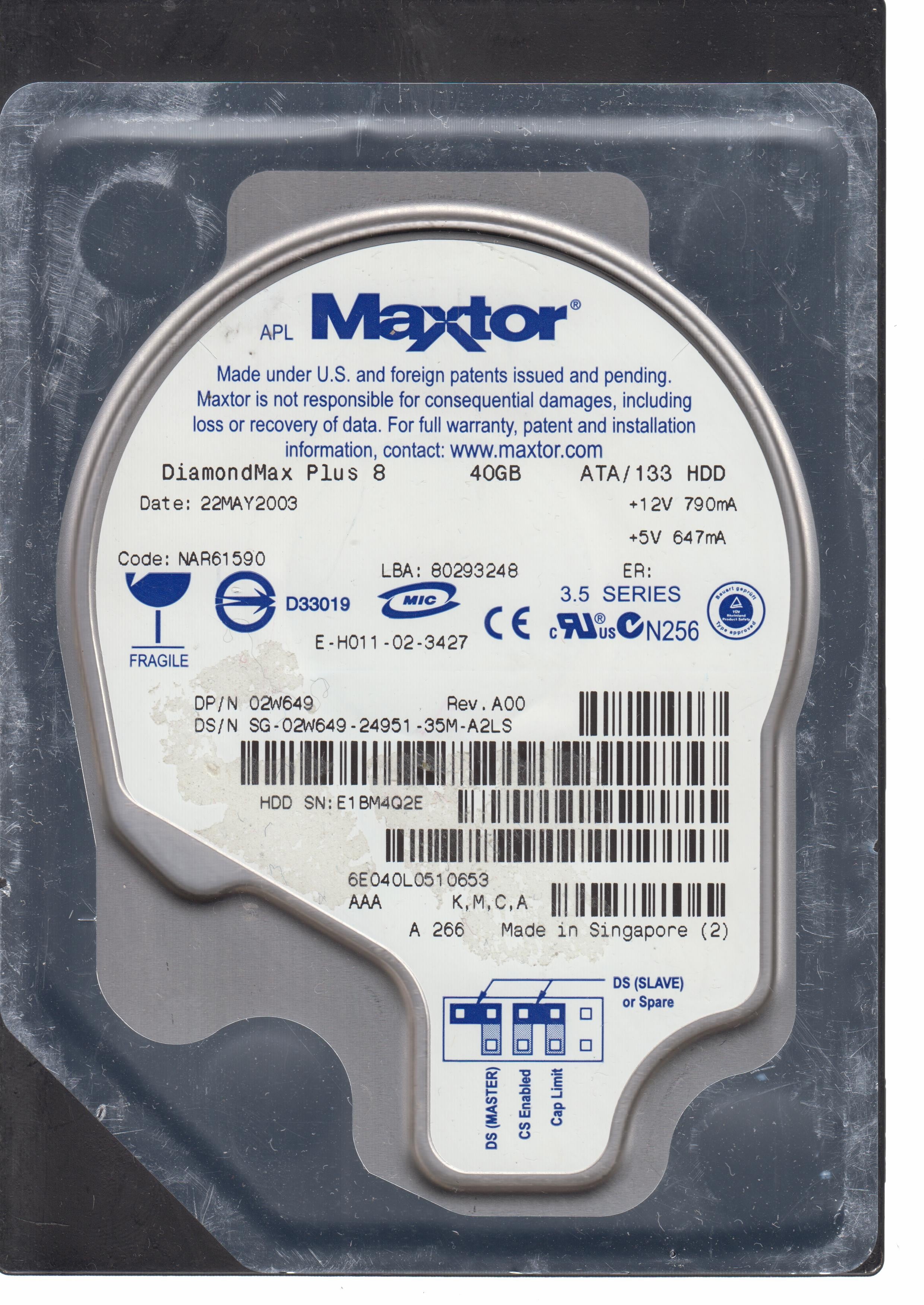 6E040L0 P/N 02W649 CODE:NAR61590 K,M,C,A 40GB 3.5"