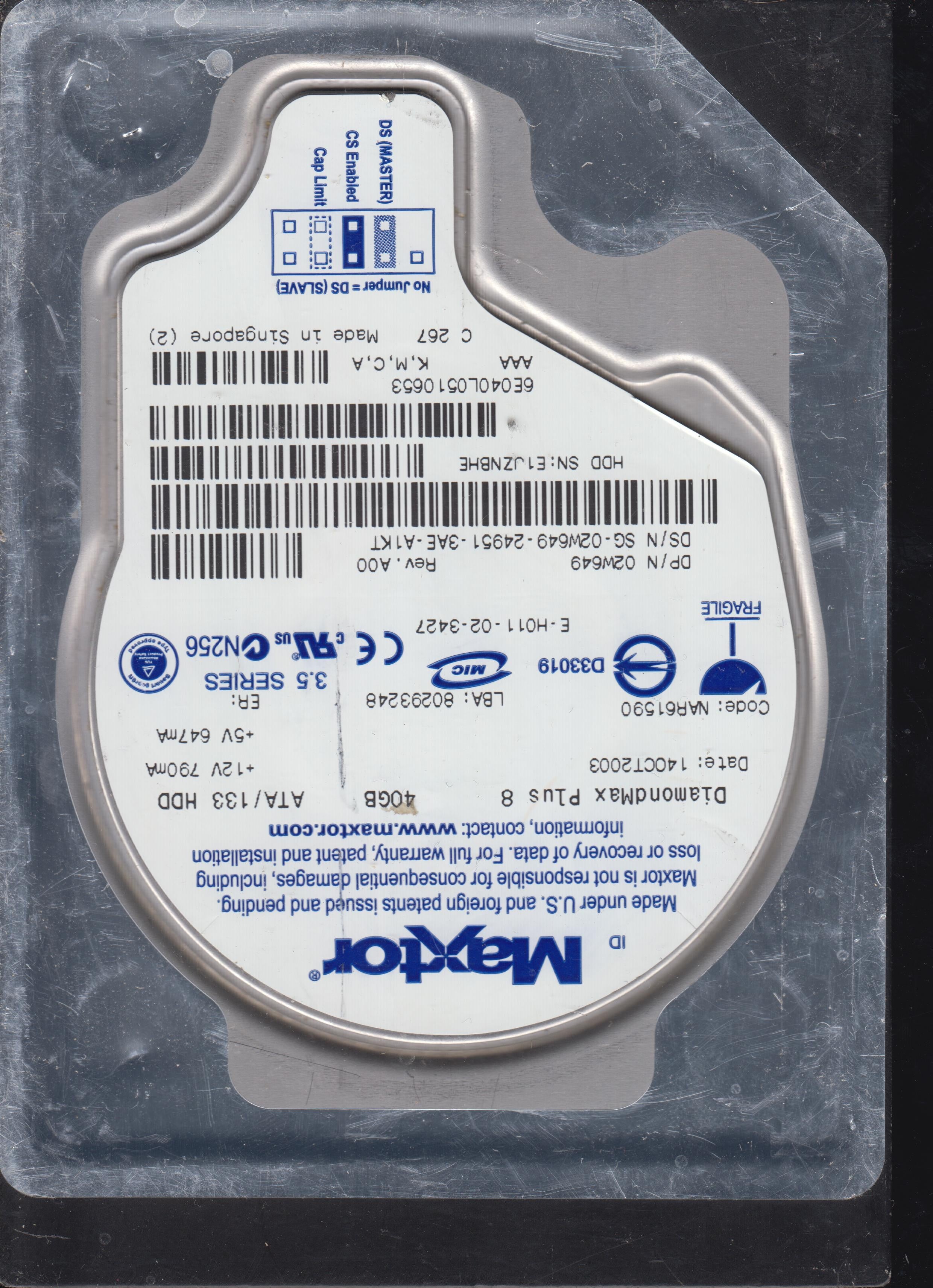 MODEL: 6E040L0510653,  Serial Number: E1JZNBHE,  40GB 3.5    PCB: 301548100,&nbsp;  Main Chip: ARDENT C9-C1,