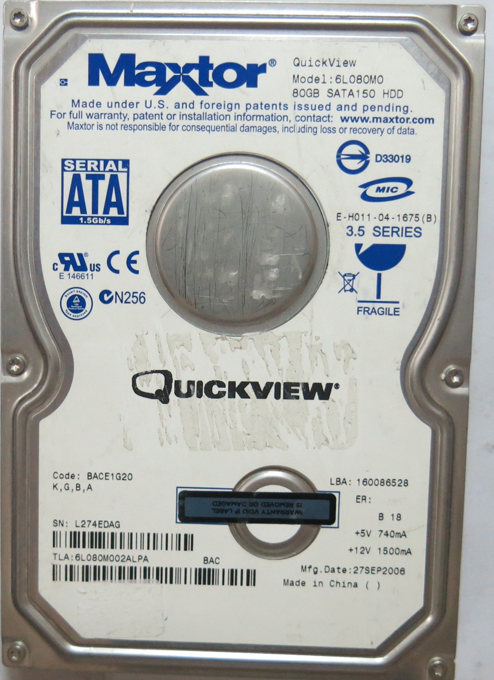 6L080M00 PCB: 203070101 SERIAL: L274EDAG CODE: BACE 1G20 K.G.B.A 80GB