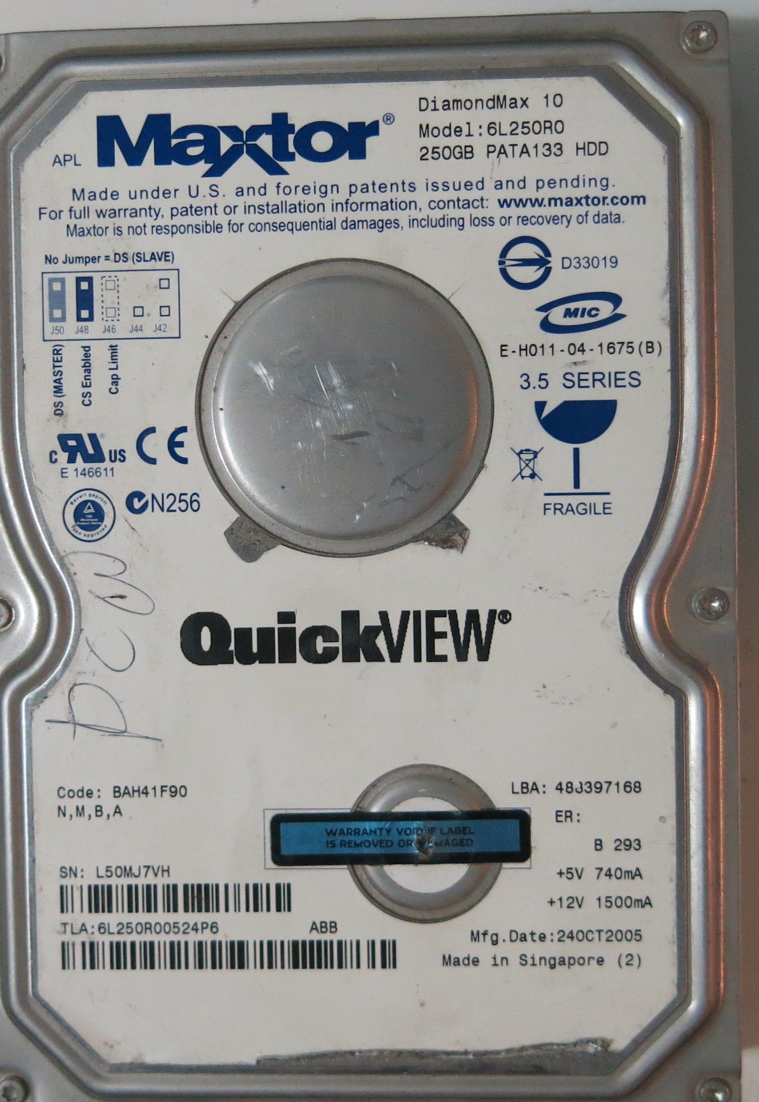 MAXTOR 6L250R00524P6 CODE