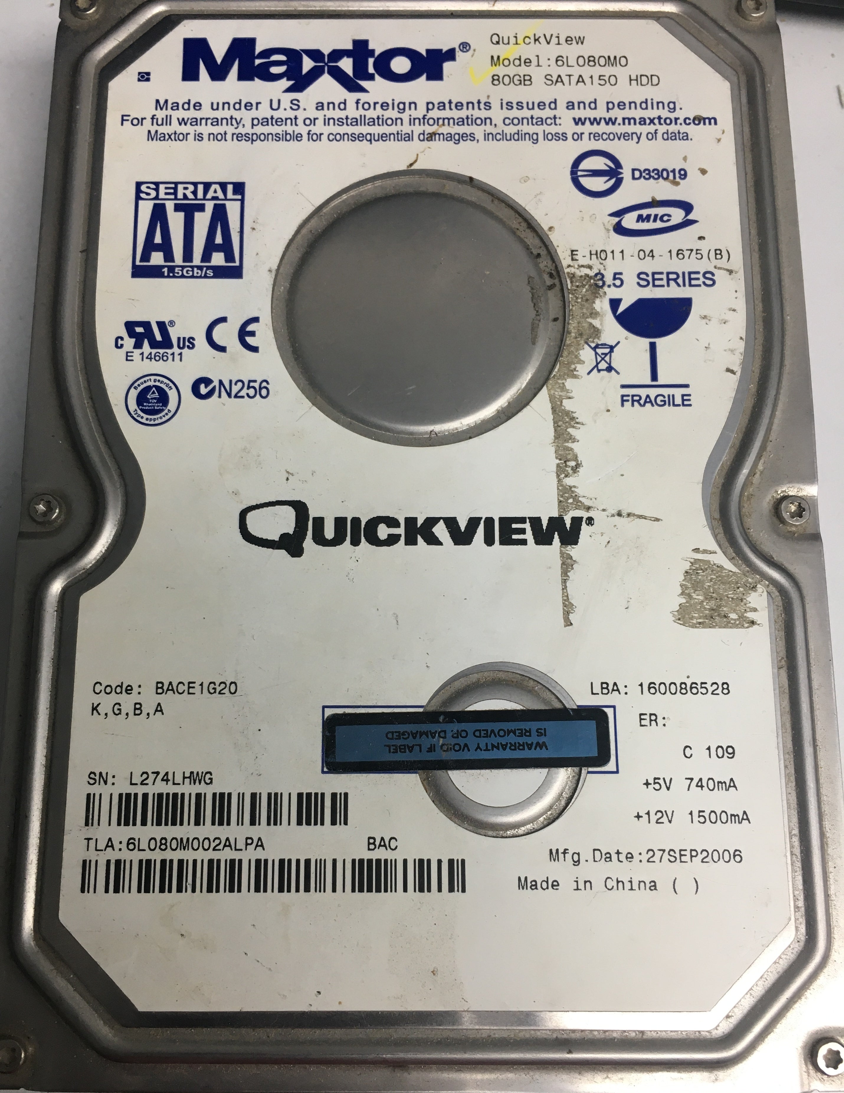 6L080M0,  Serial:L274LHWG,  80GB 3.5,  PCB:302071101- REV A