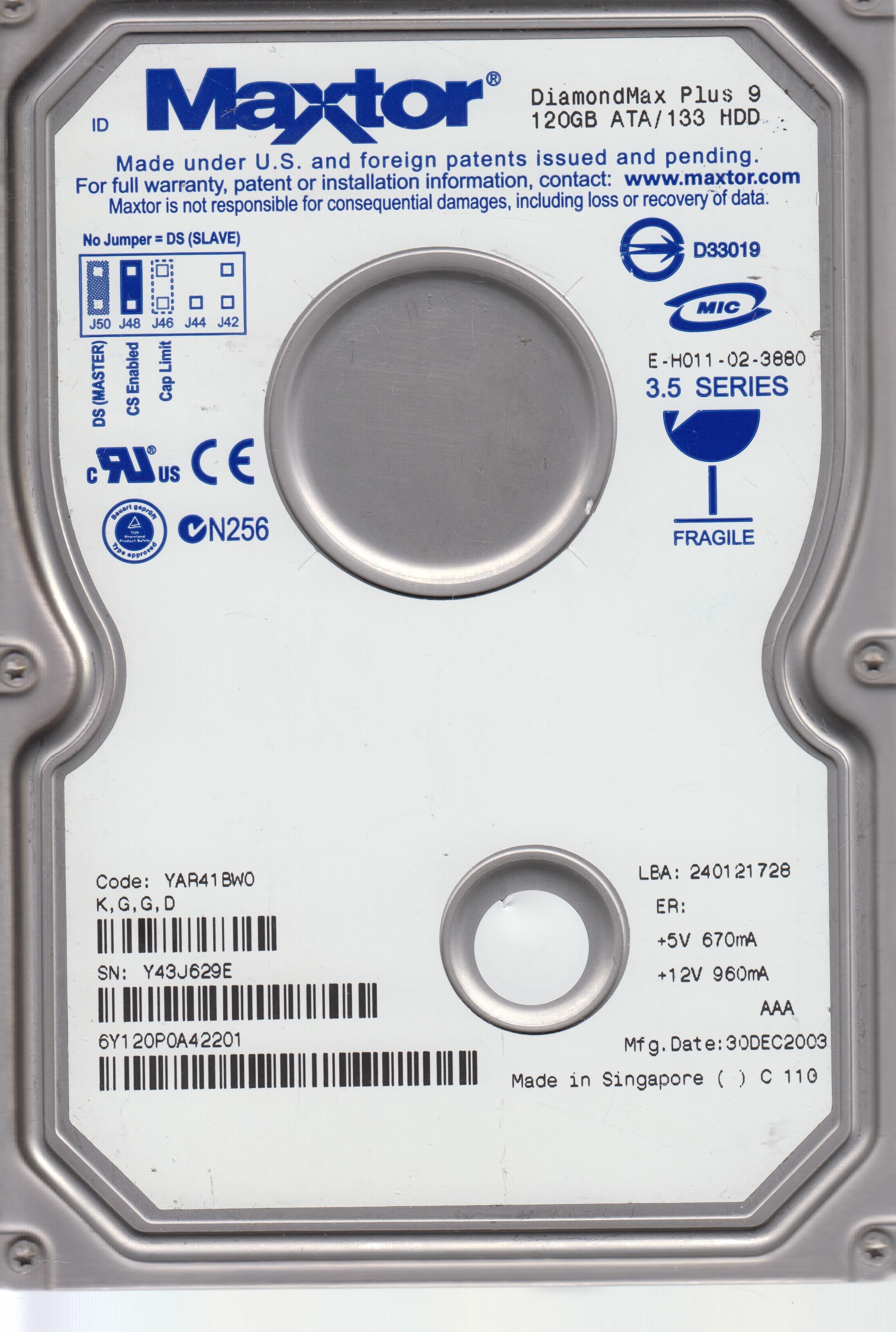 6Y120P0A42201 CODE YAR41BWO K.G.G.D 120GB 3.5