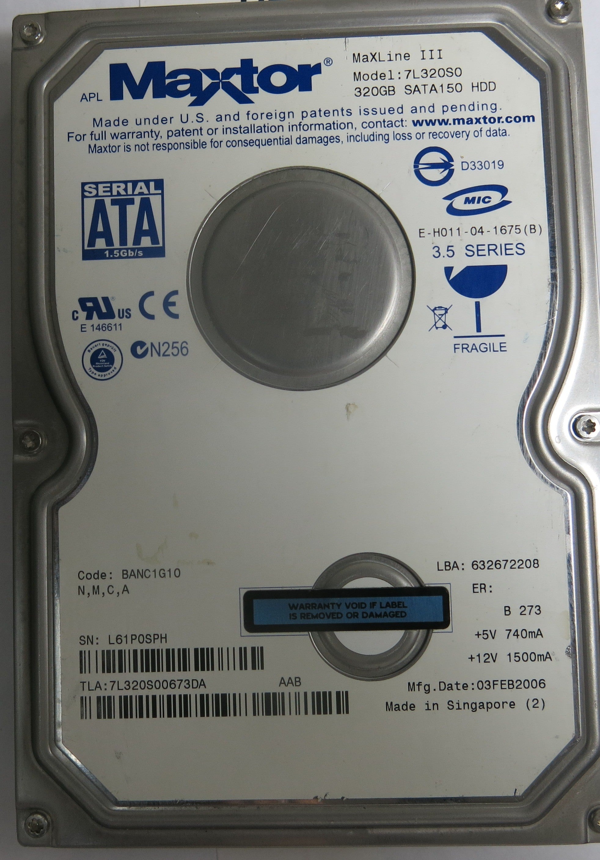 7L320S0 CODE BANC1G10 N,M,CA 320GB