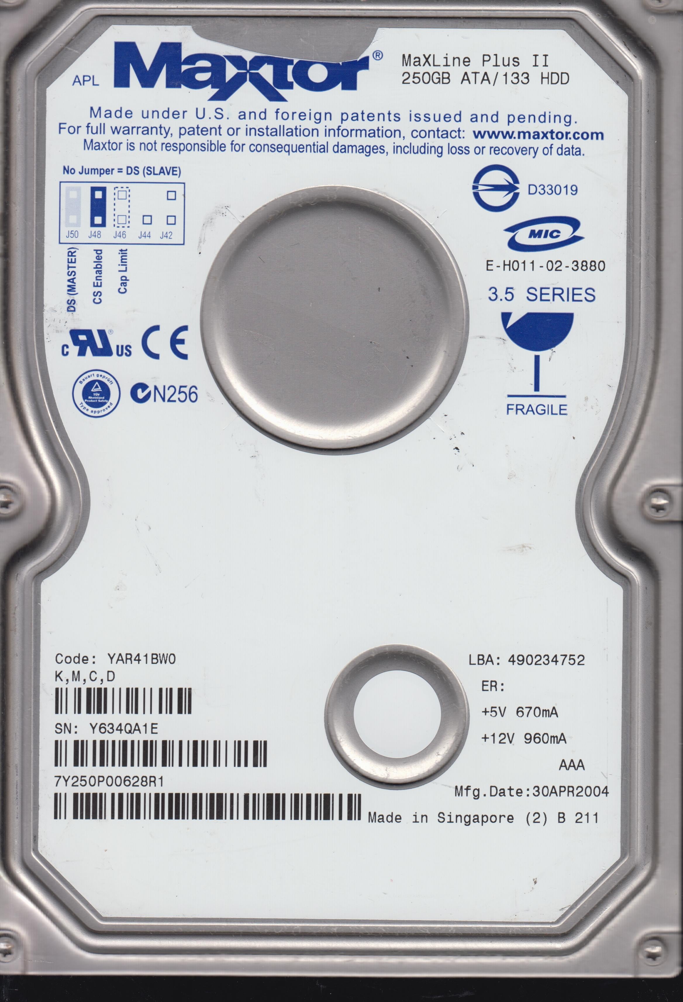 7Y250P0, CODE YAR41BW0 KMCD 250GB 3.5