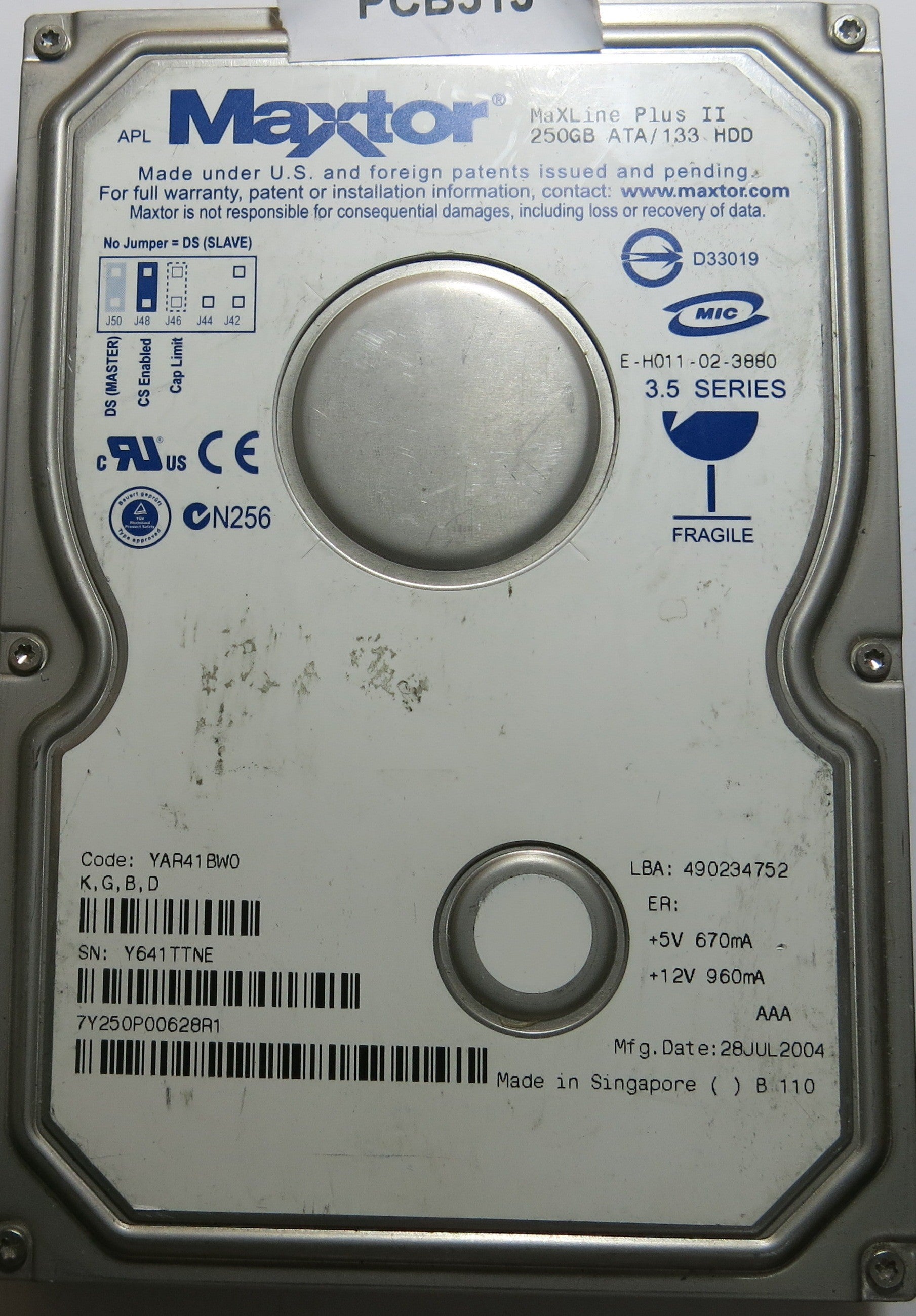 MAXTOR 7Y250P0 YAR41BW0 K,G,B,D 301862101