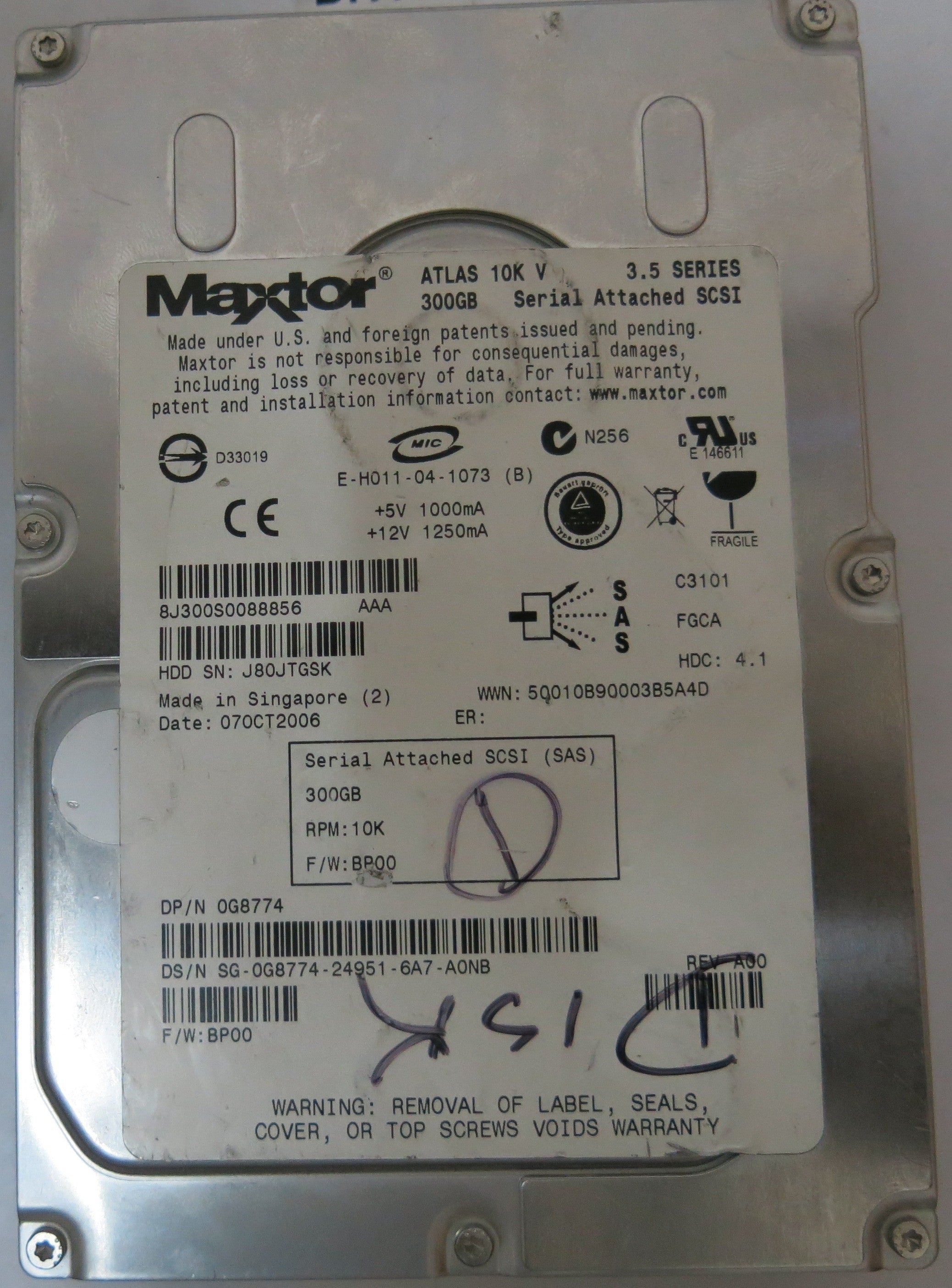 8J300S008856,Serial Number:J80JTGSK,300GB 3.5