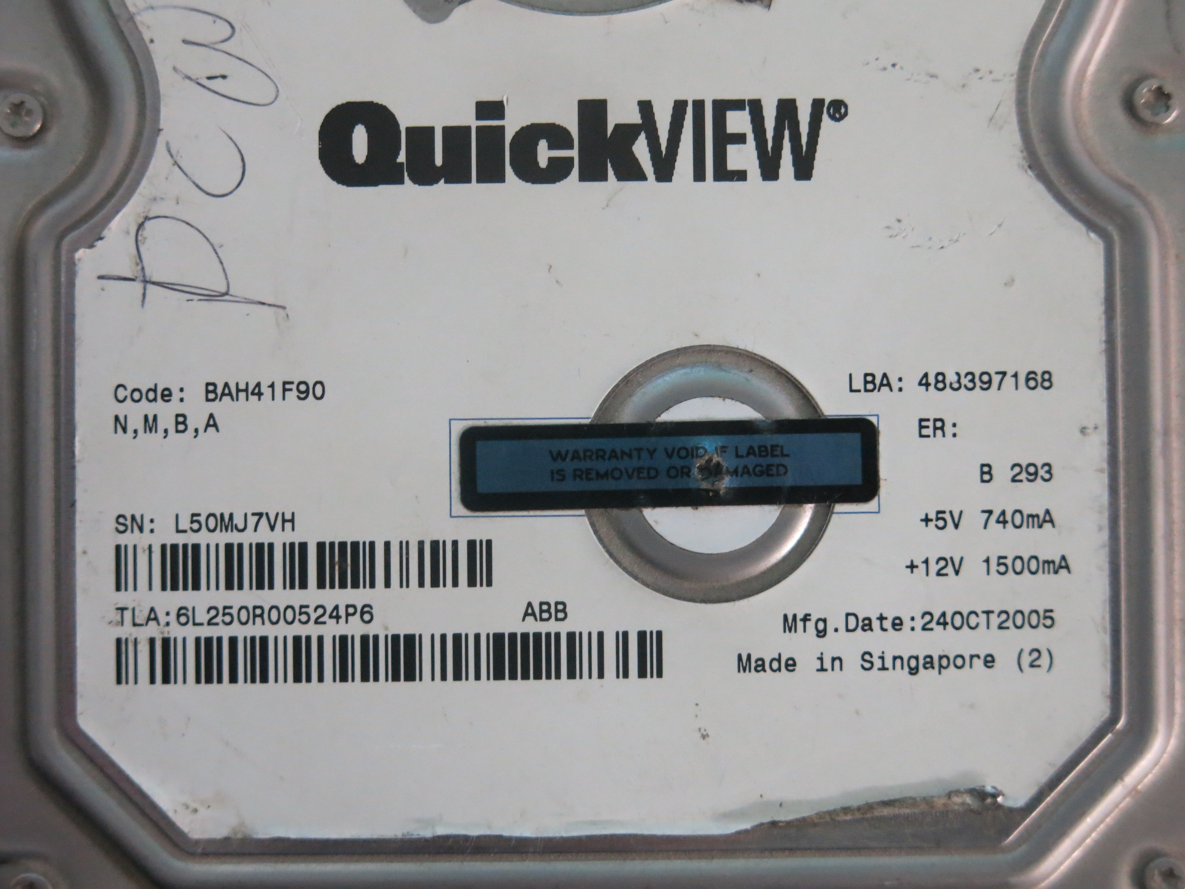6L250R0 PCB : 12187 94V-0 SERIAL NUMBER : L50MJ7VH 250GB