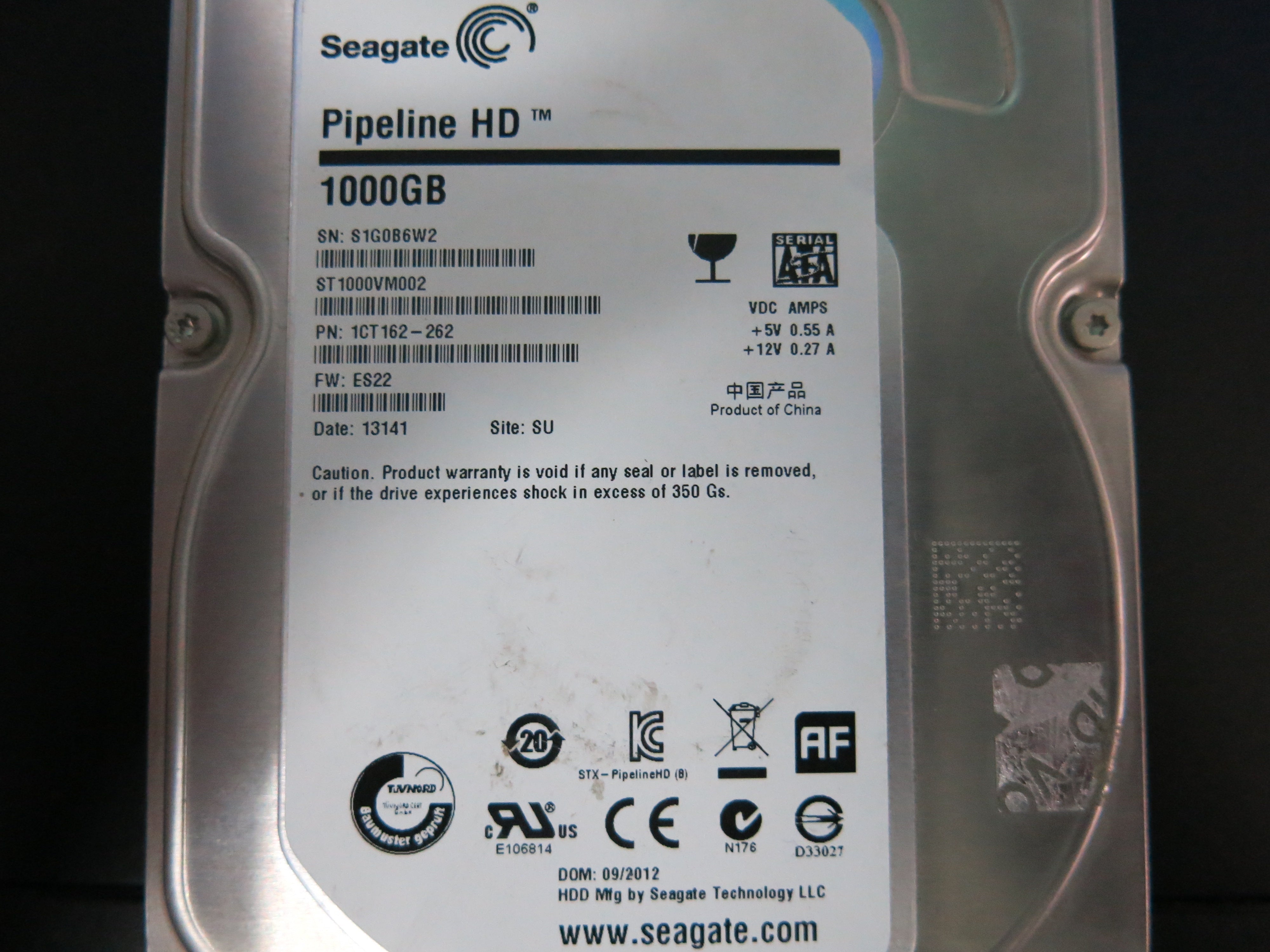 ST1000VM002 PCB: 100687658 REV C SERIAL NUMBER: S1G0FHBP PN:1CT162-262 FW:ES22 1.TB