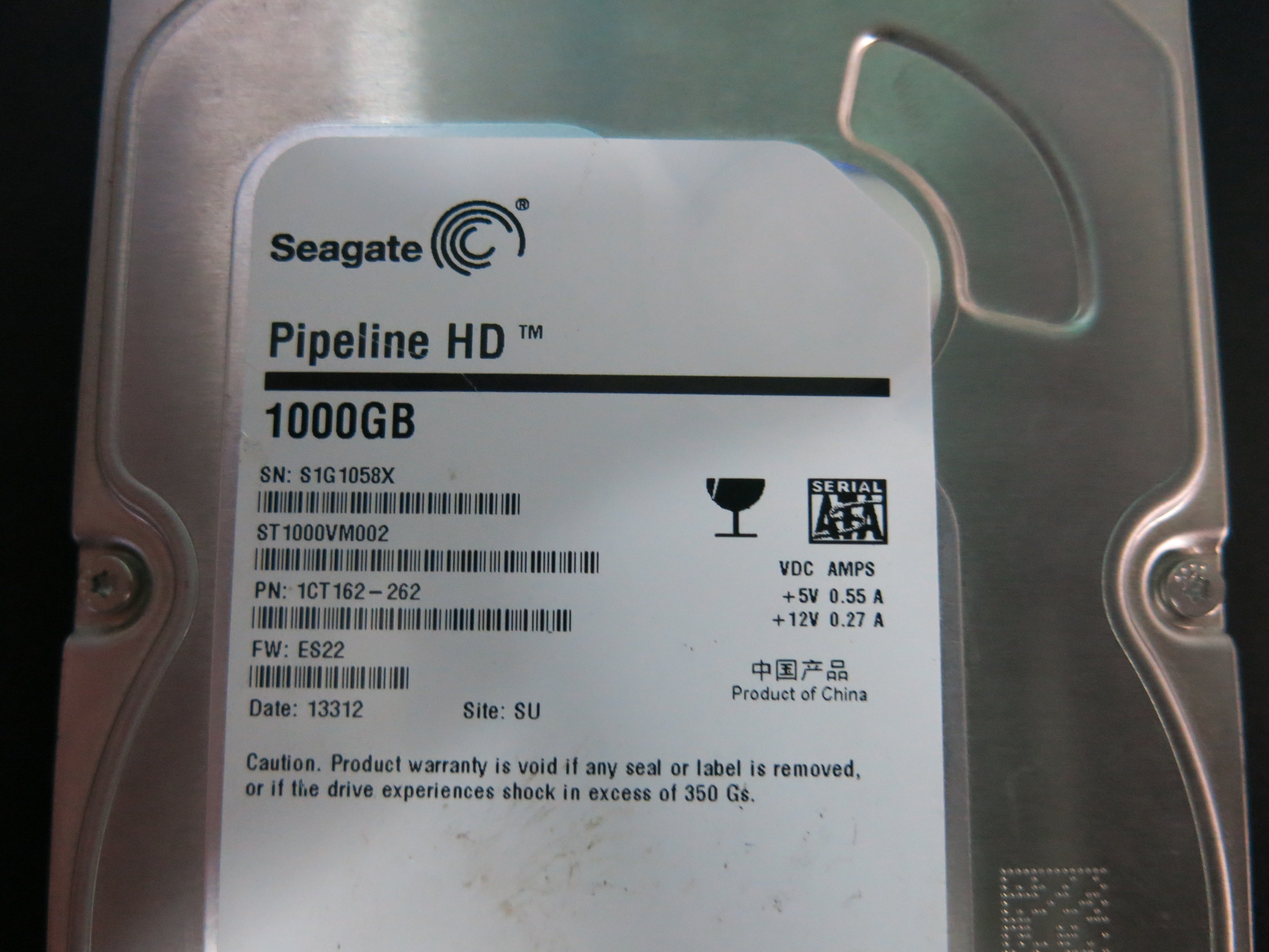 ST1000VM002 PCB: 100687658 REV C SERIAL NUMBER: S1G1058X PN:1CT162-262 FW:ES22 1.TB