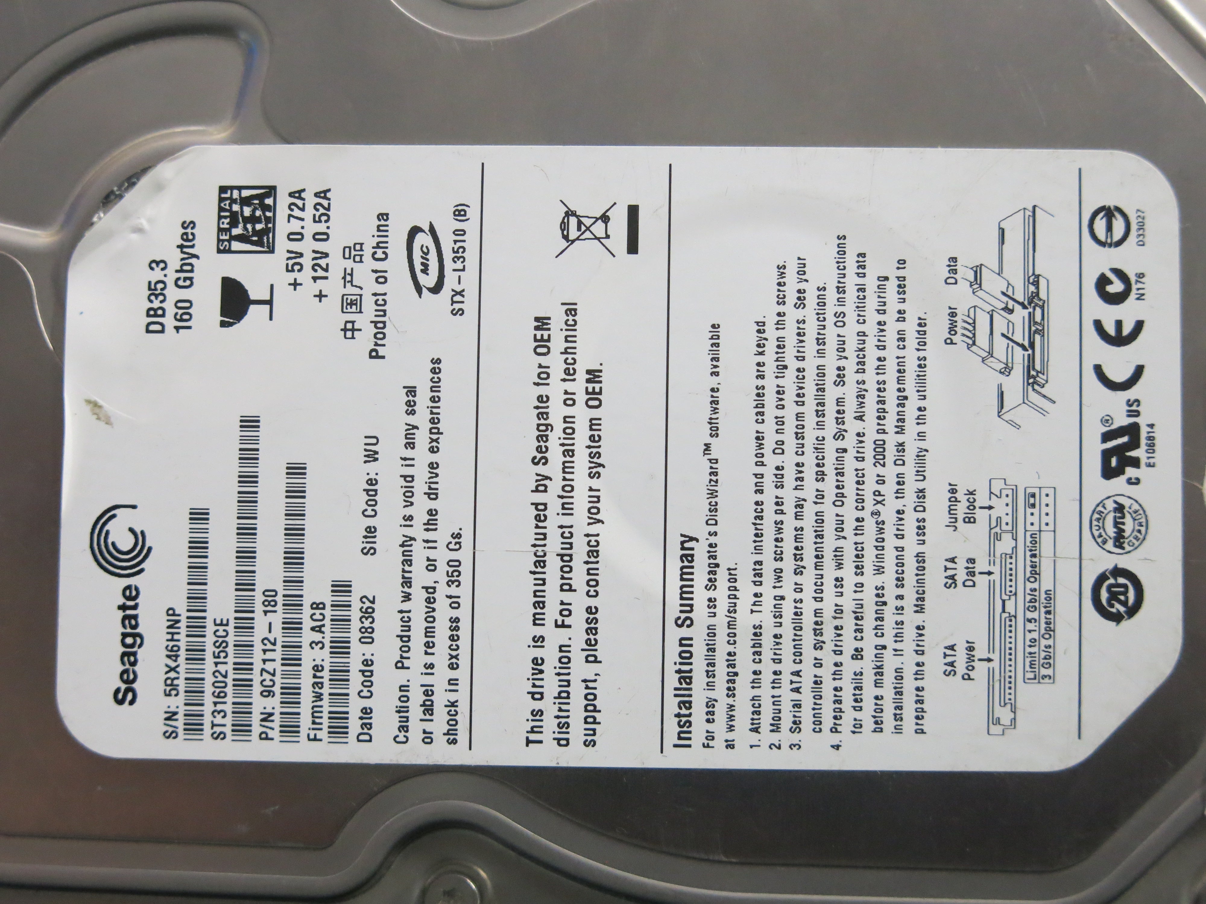 MODEL :ST3160215SCE PCB : 100422559 REV C   SERIAL NUMBER : 5RX46HNP