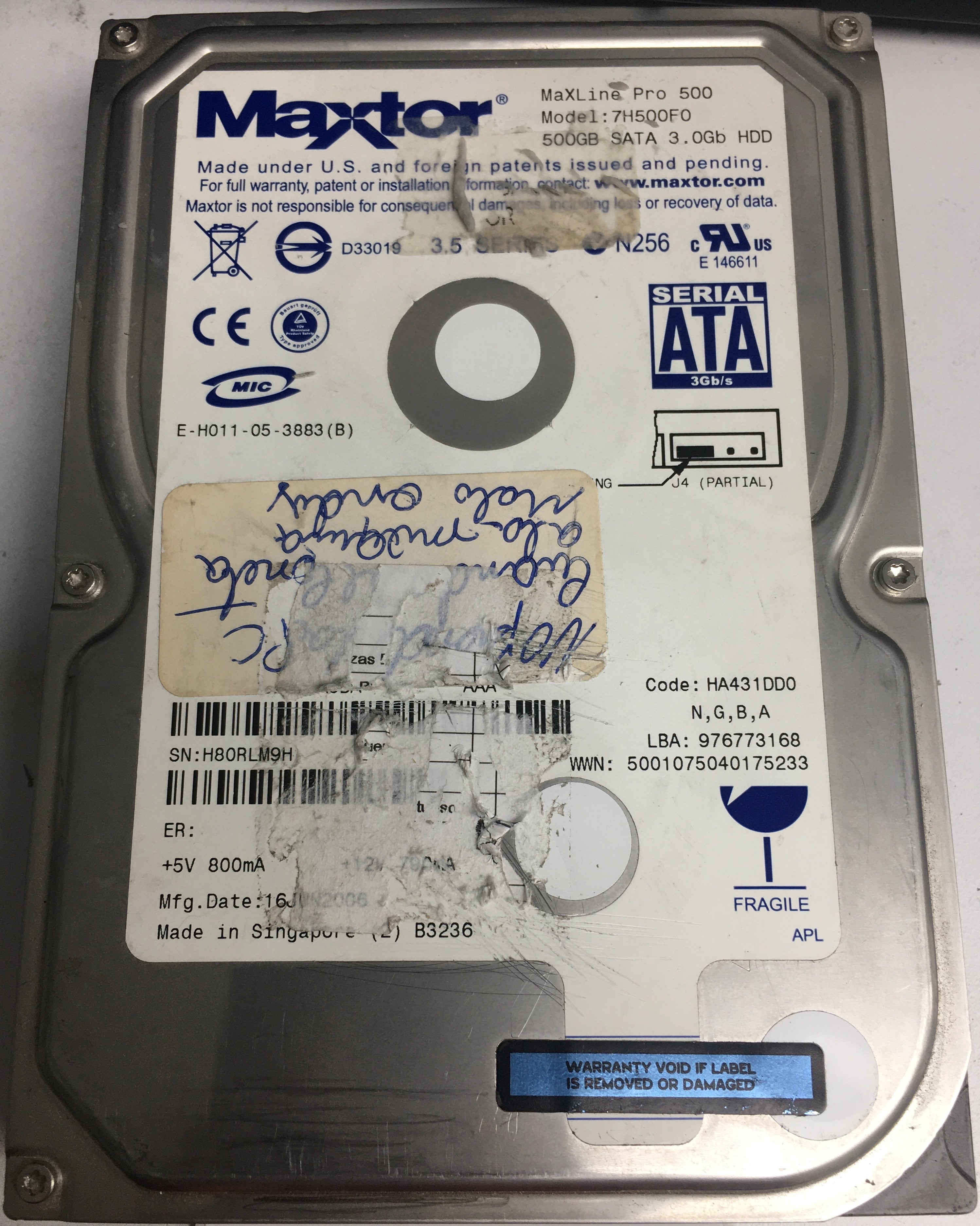 7H500F0,  Serial:H80RLM9H,  500GB 3.5,  PCB:302021103- REV A