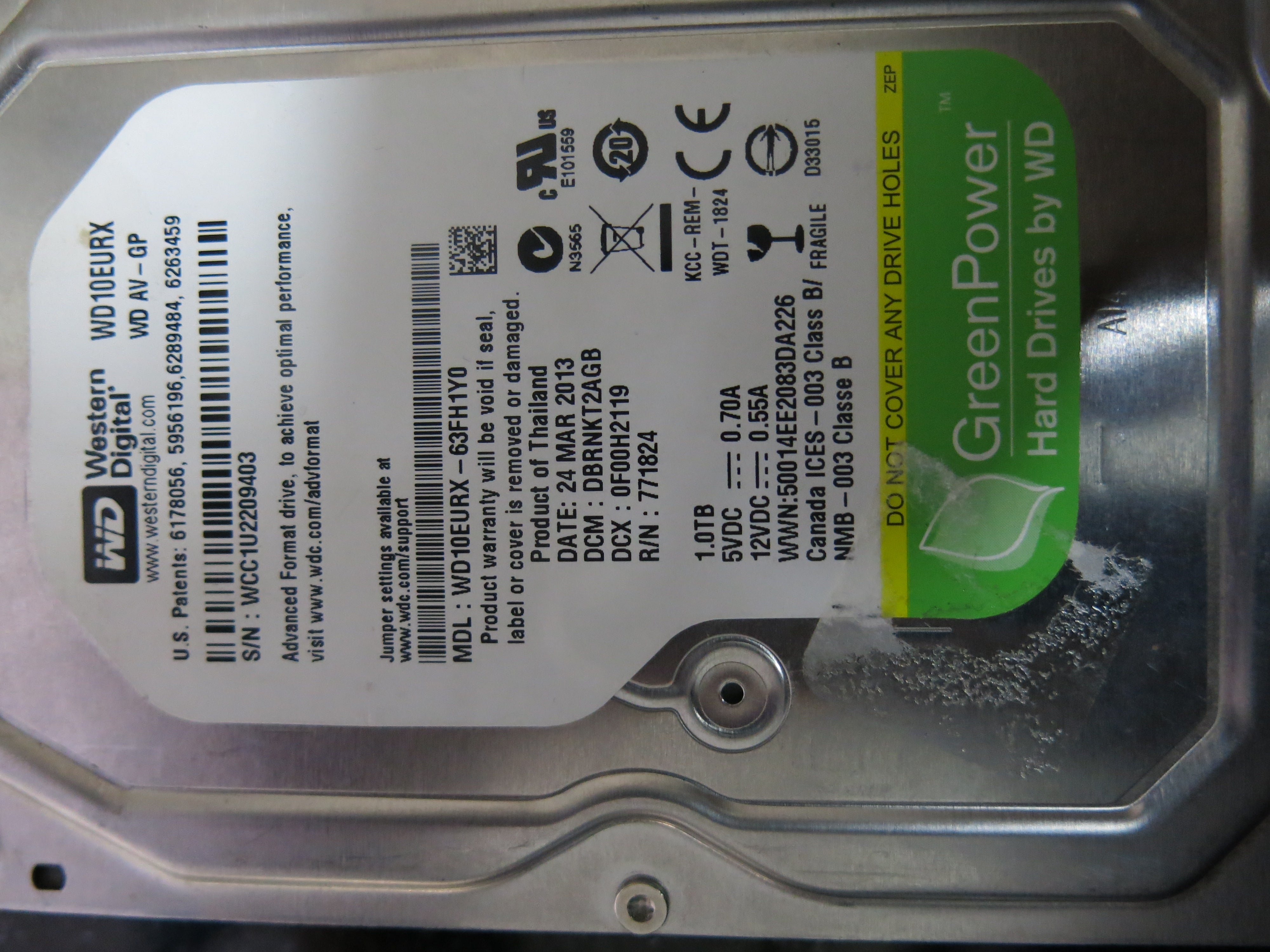 WD10EURX'63FH1Y0 PCB : 2060-771824-005 REV A  SERIAL NUMBER : WCC1U2209403 1.TB