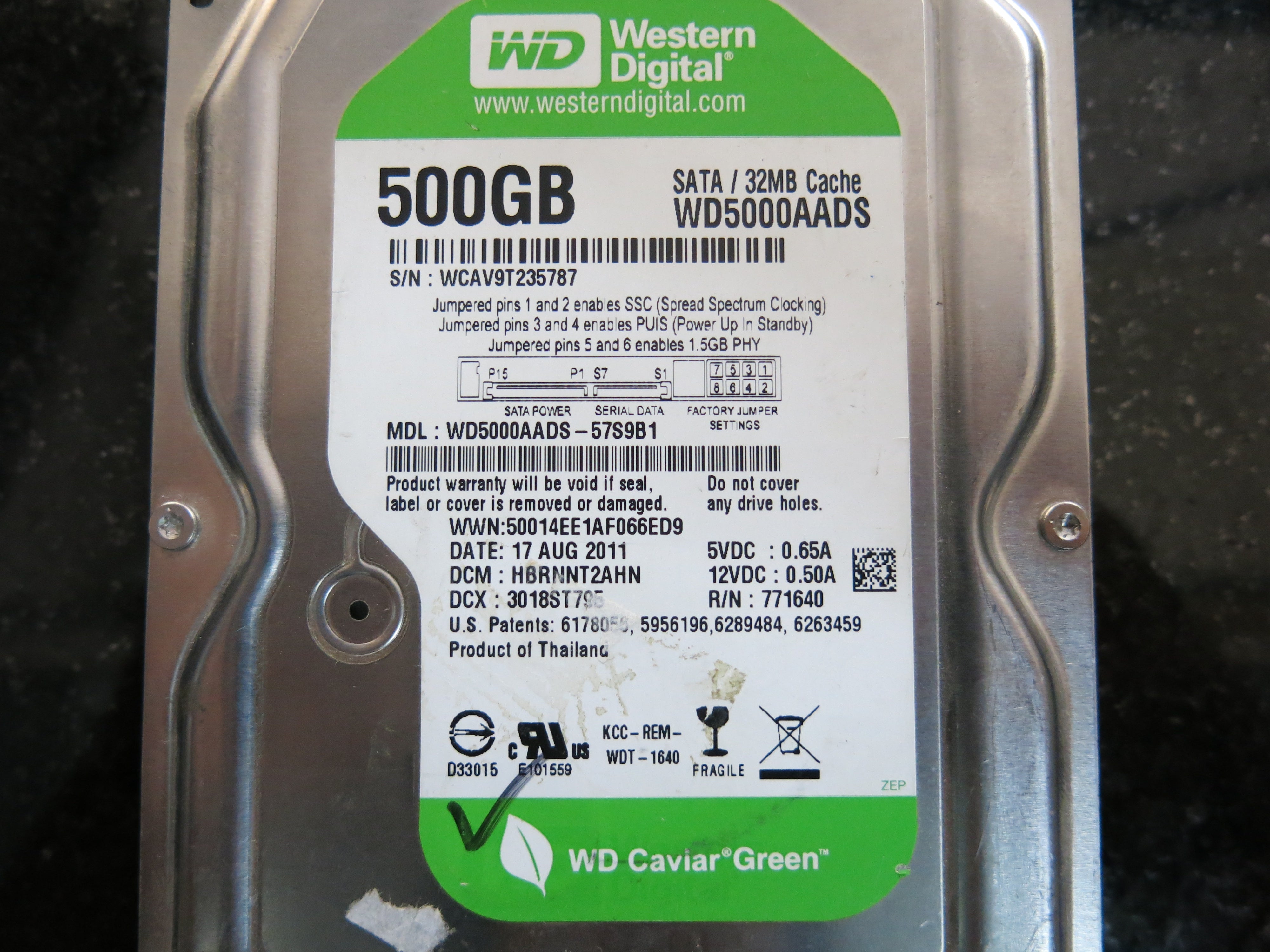 WD5000AADS- 57S9B1 PCB : 2060-771640-003 REV A SERIAL NUMBER: WCAV9T235787 500GB