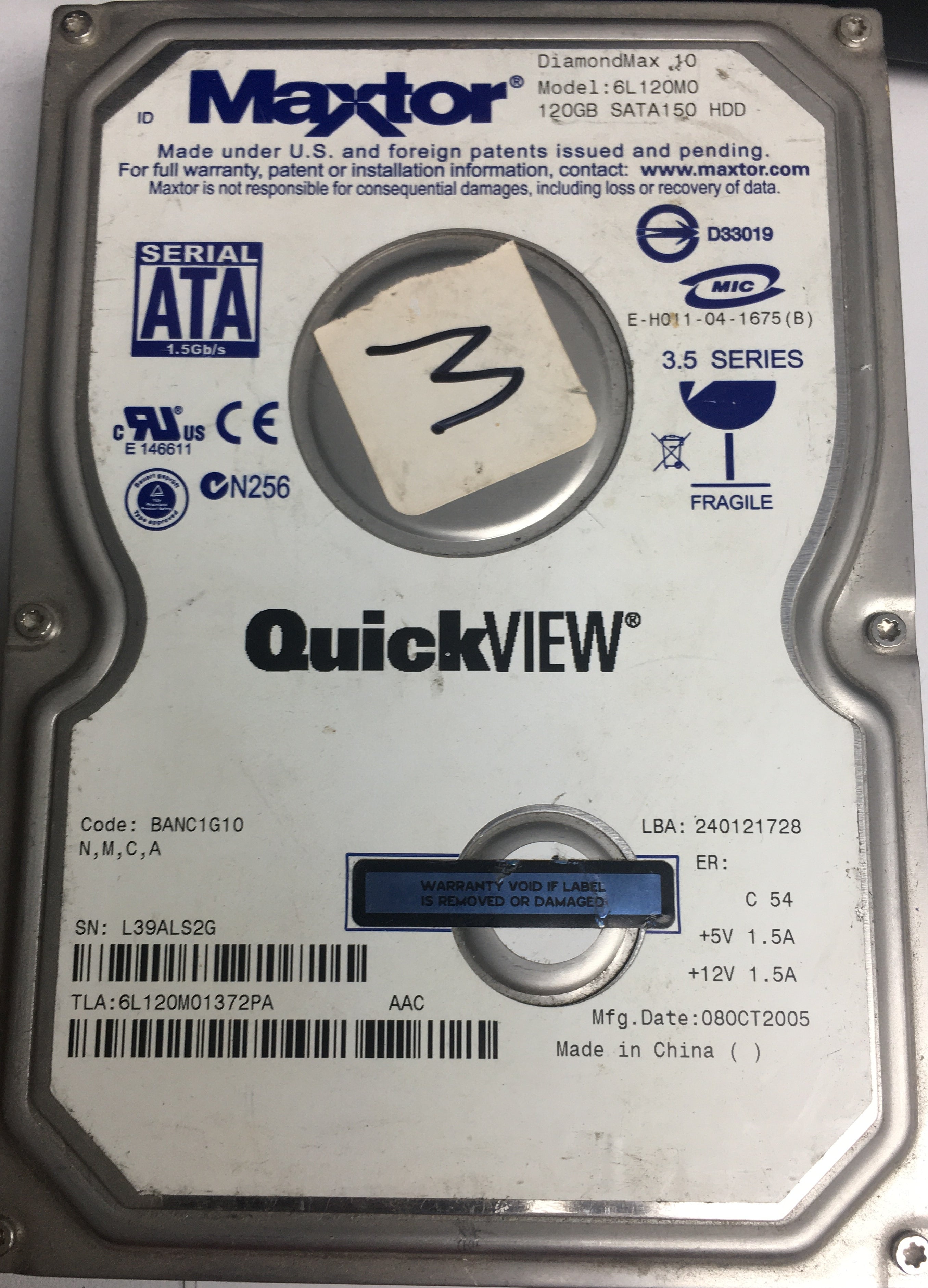 6l120M01372PA,  Serial:L39ALS2G,  120GB 3.5,  PCB:302006101- REV A  For Sale donor hard dr