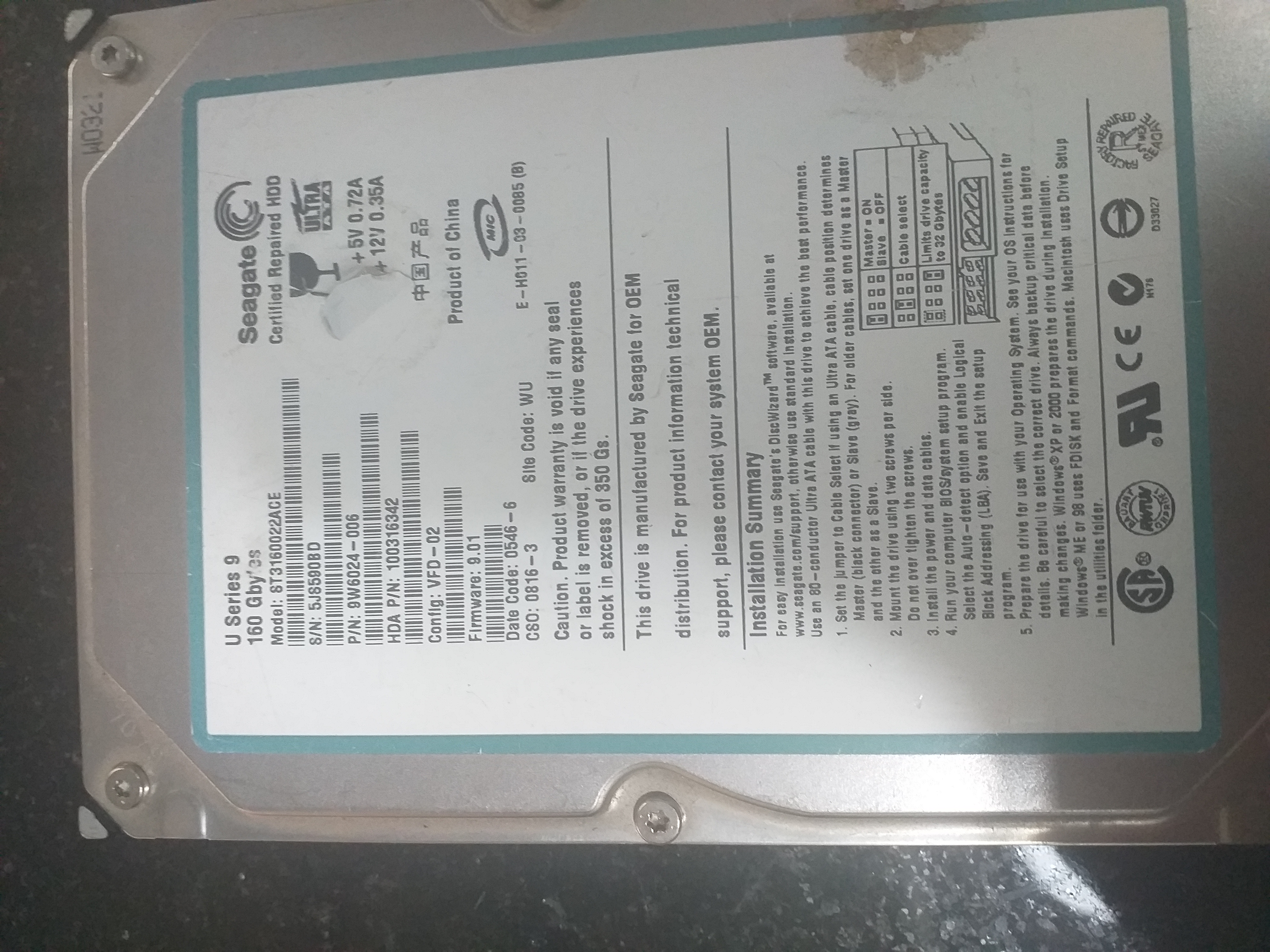 ST3160022ACE,  PCB: 100306042 REV A, Serial Number: 5JS590BD, P/N: 100316342, F\W: 9.01,