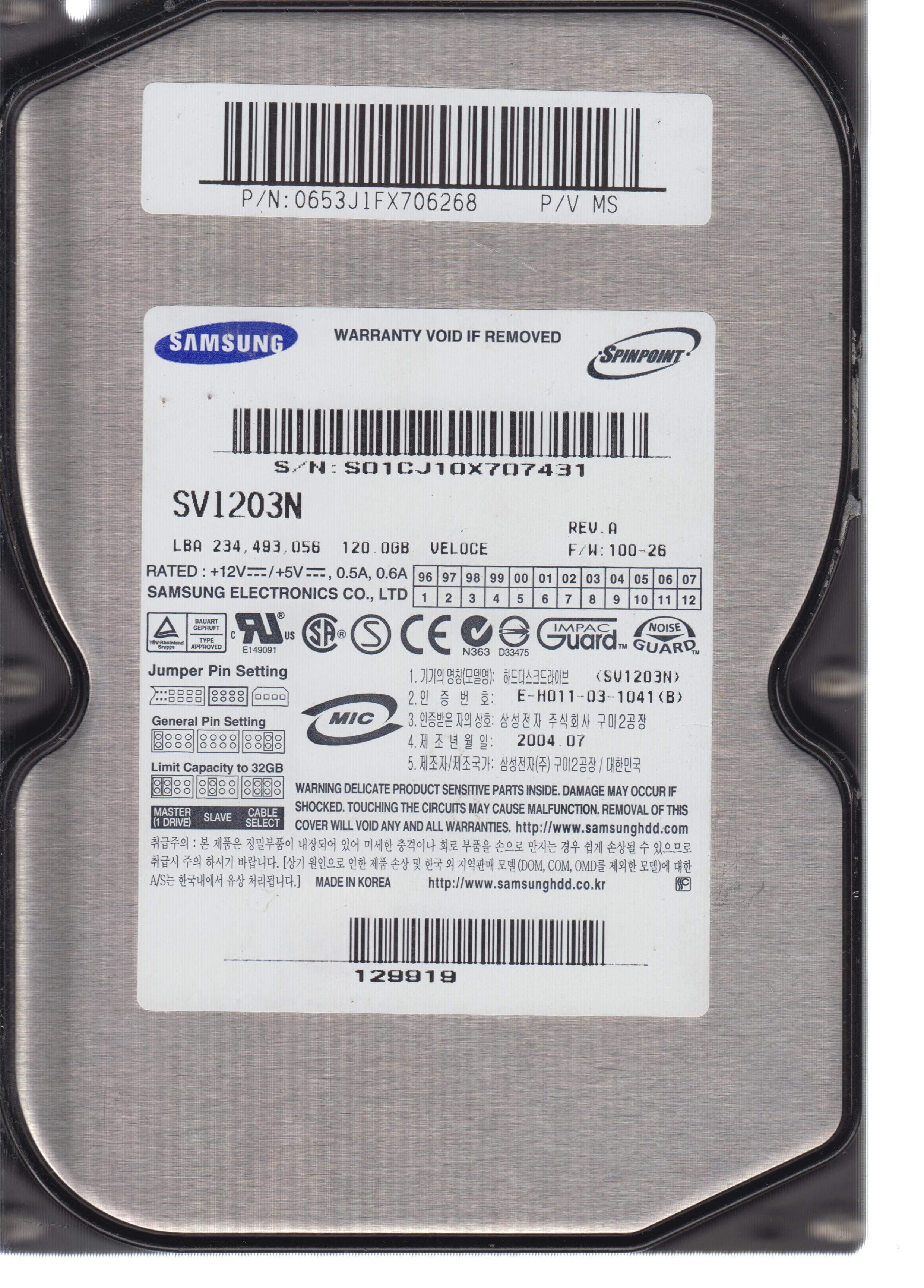 Model: SV1203N, PCB:BF41-00076A Serial Number:S01CJ10X707431;P/N 0653J1FX706268