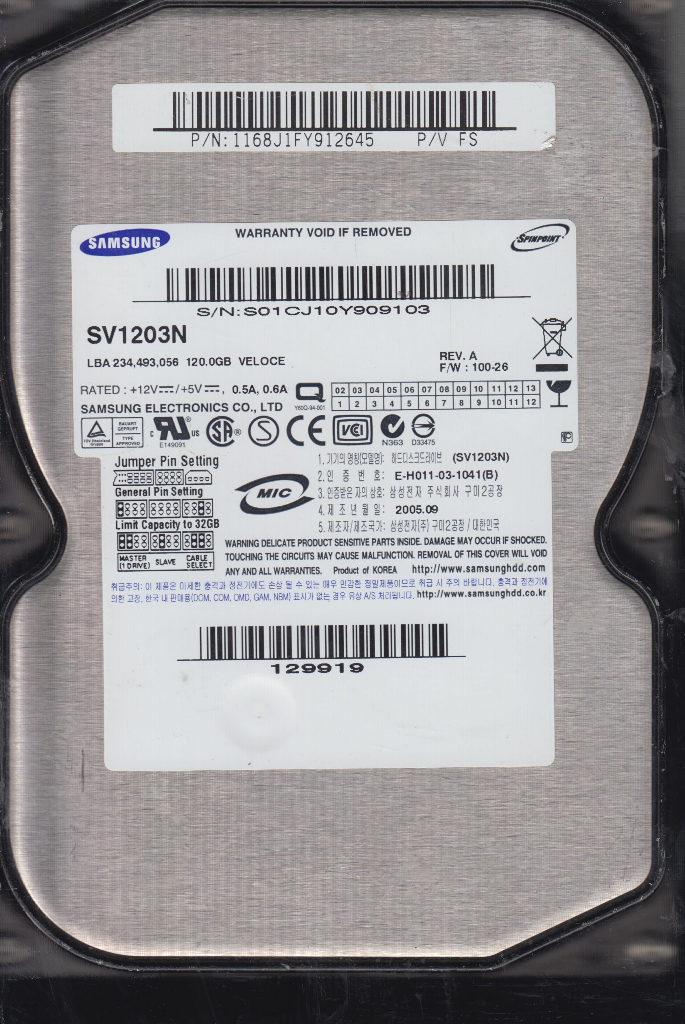 SAMSUNG SV1203N REV A FW100-26 120GB 3.5