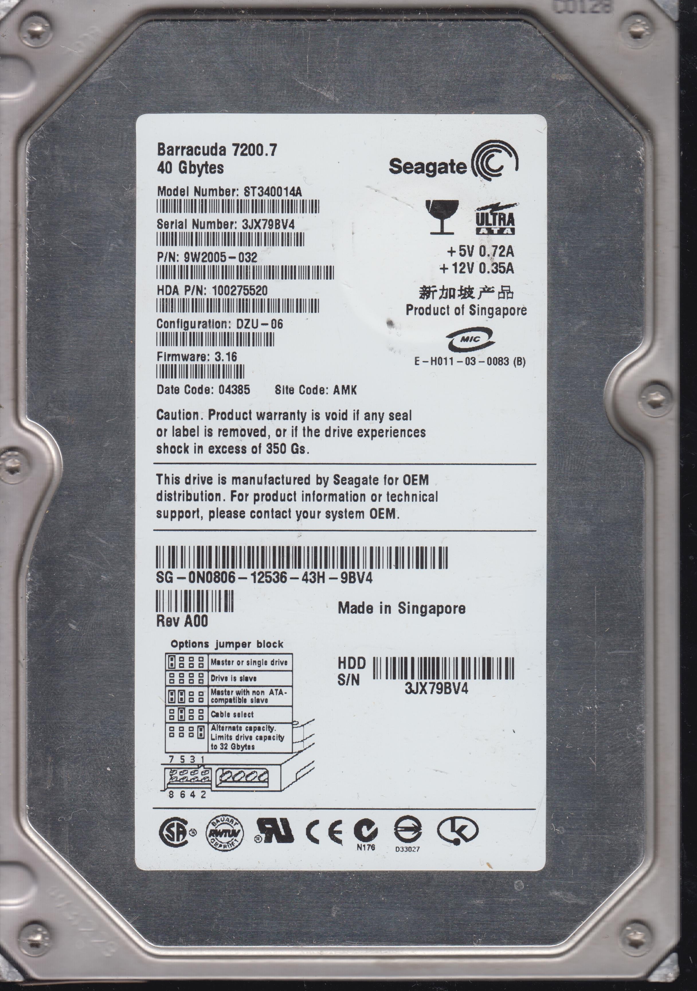Model: ST340014A  P/N: 9W2005-032  FW: 3.16  MAIN CHIP: AGERE 4490D6  Serial: 3JX79BV4  40 GB 3.5&;  PCB: 100306042 REV A