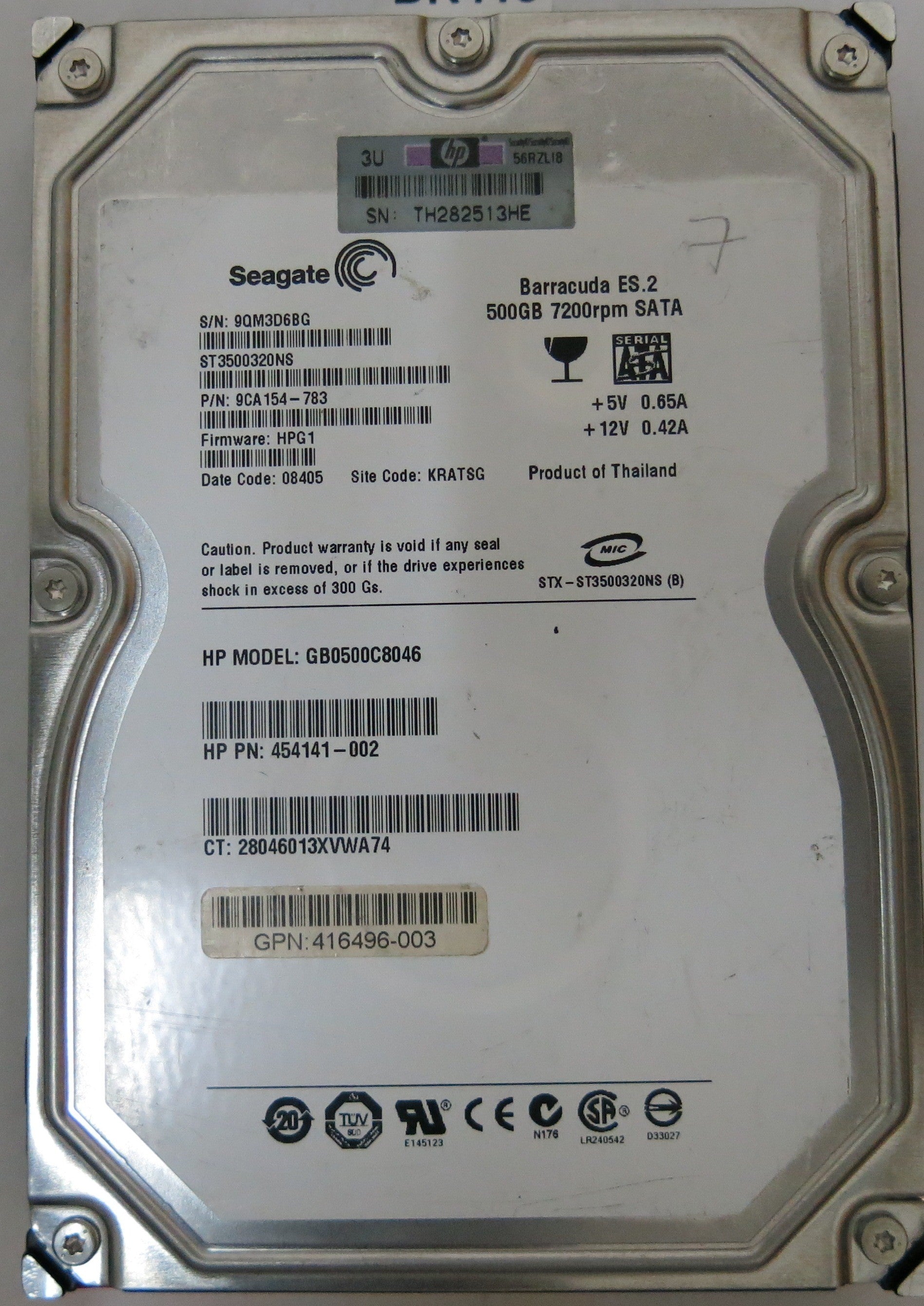 ST3500320NS,Serial:9QM3D6BG,500GB 3.5