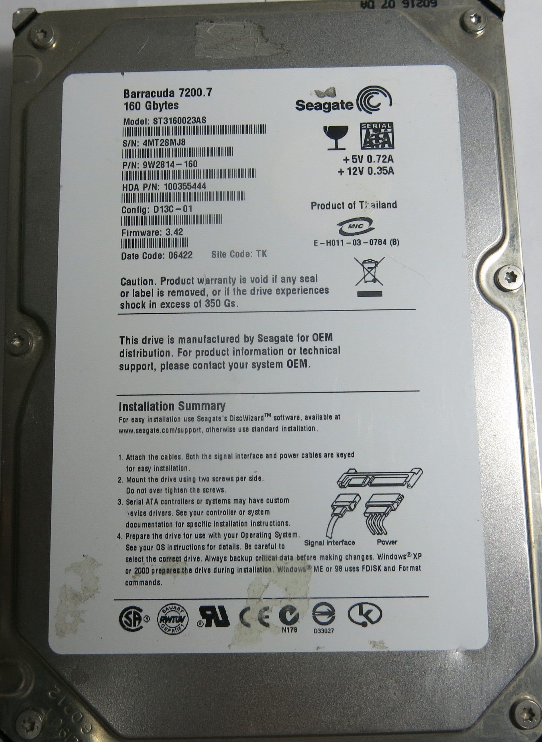 ST3160023AS,Serial:4MT2SMJ8,160GB 3.5