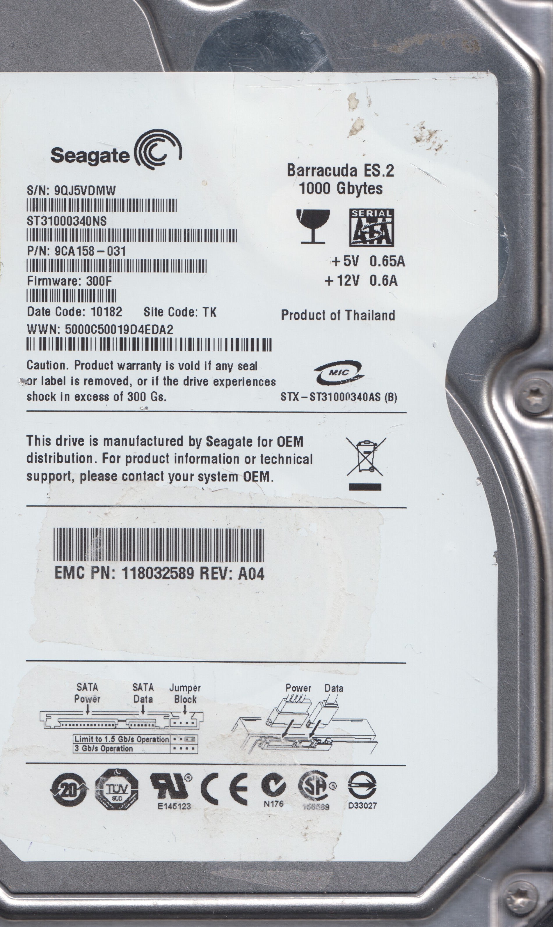 ST31000340NS,Serial:9QJ5VDMW,1000GB 3.5