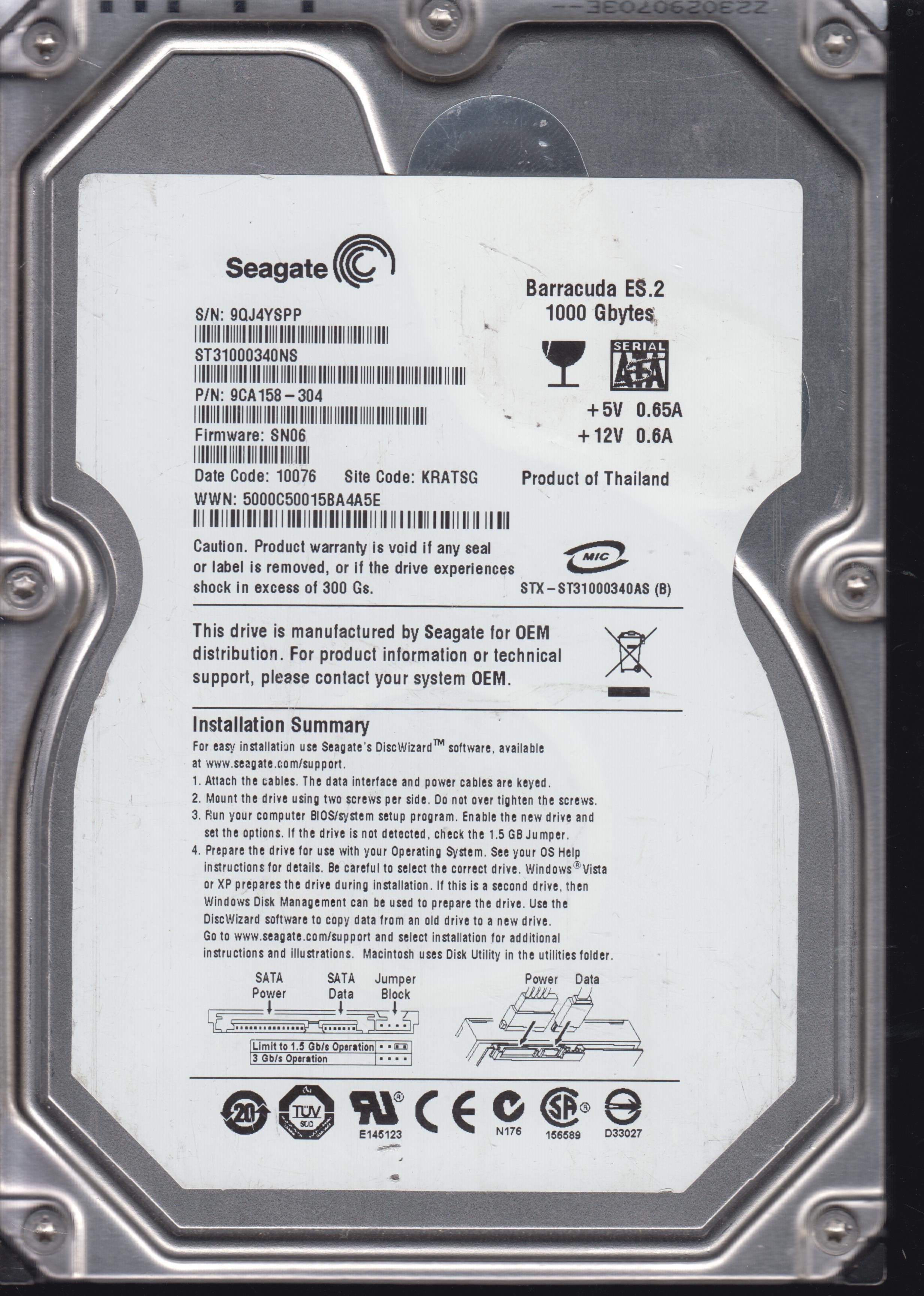 ST31000340NS, Serial:9QJ4YSPP, 1000GB 3.5
