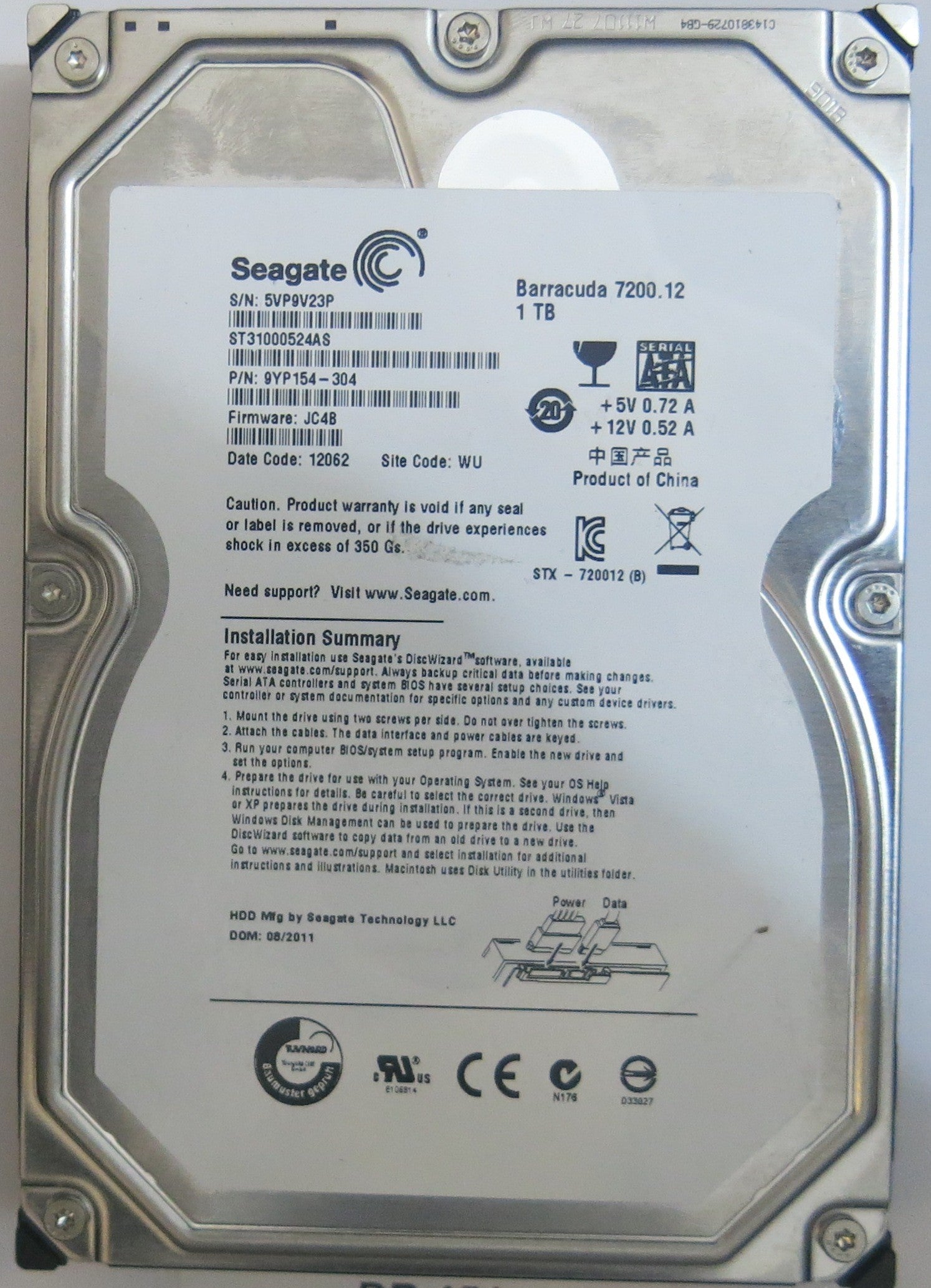 SEAGATE ST31000524AS PN 9YP154-304 FW JC4B