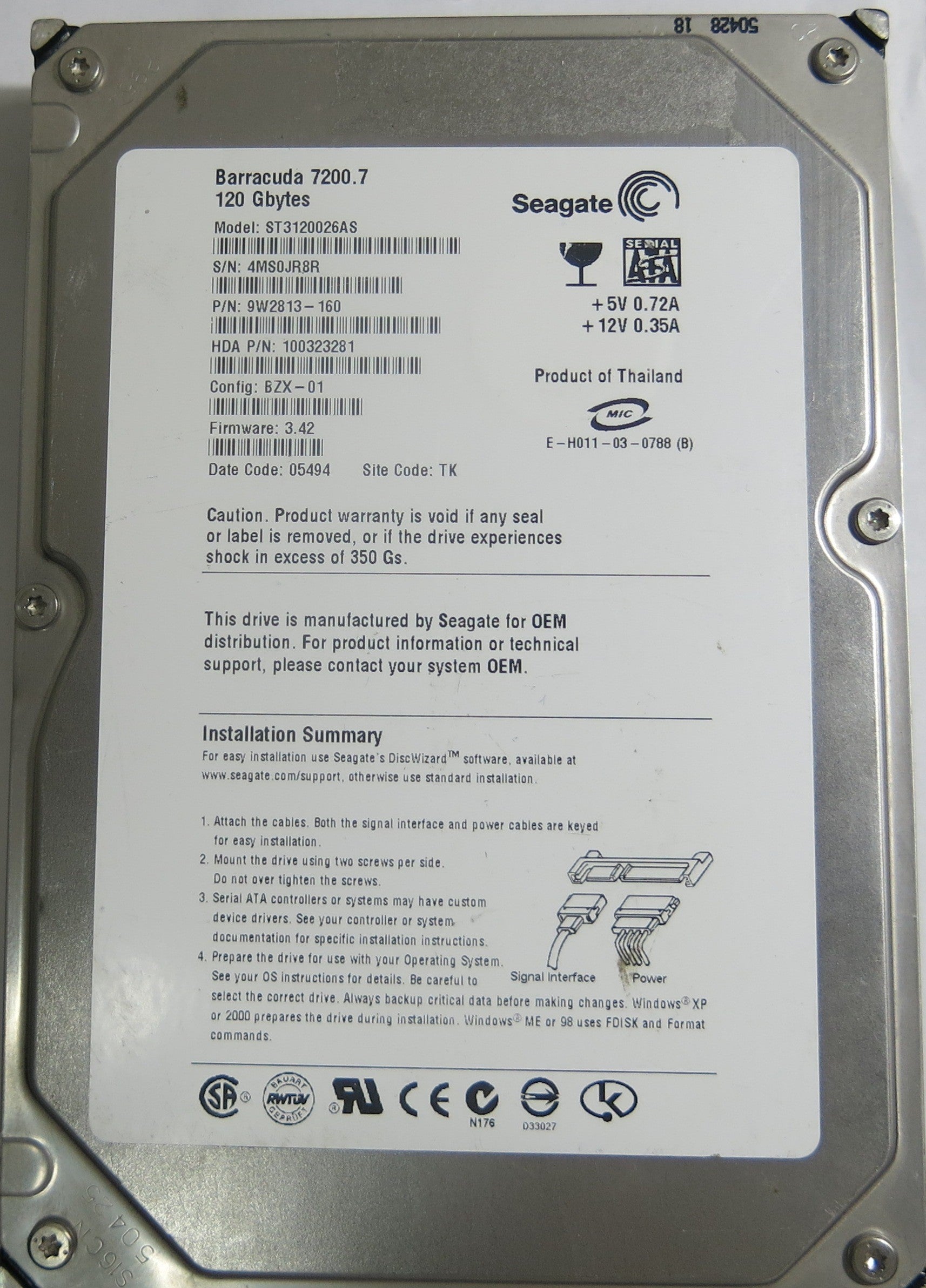 ST3120026AS,Serial:4MS0JR8R,120GB 3.5