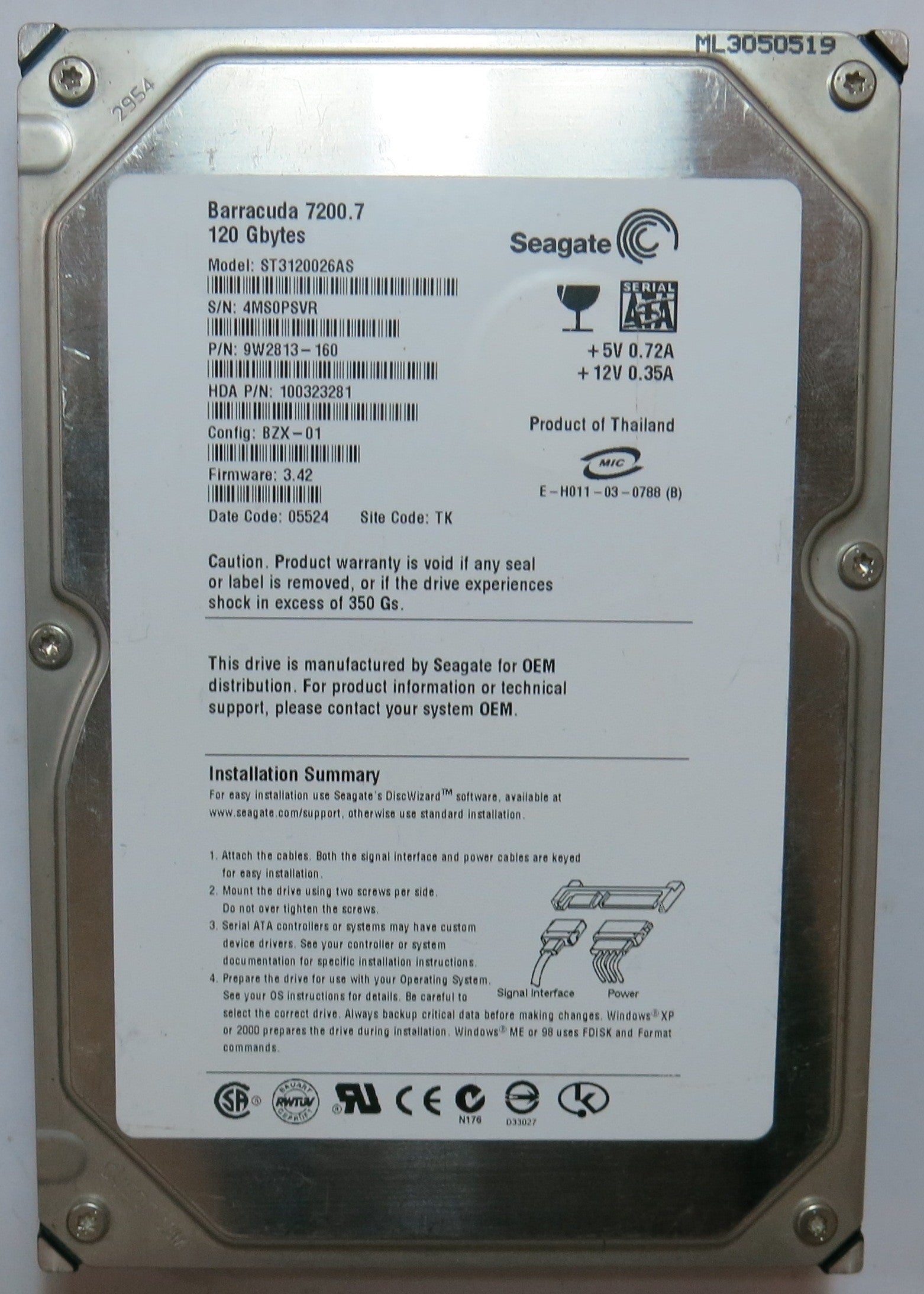 ST3120026AS,  P/N:9W2813 160,  FW:3.42,  Serial:4MSOPSVR,  120GB 3.5,   PCB:100336321- REV A