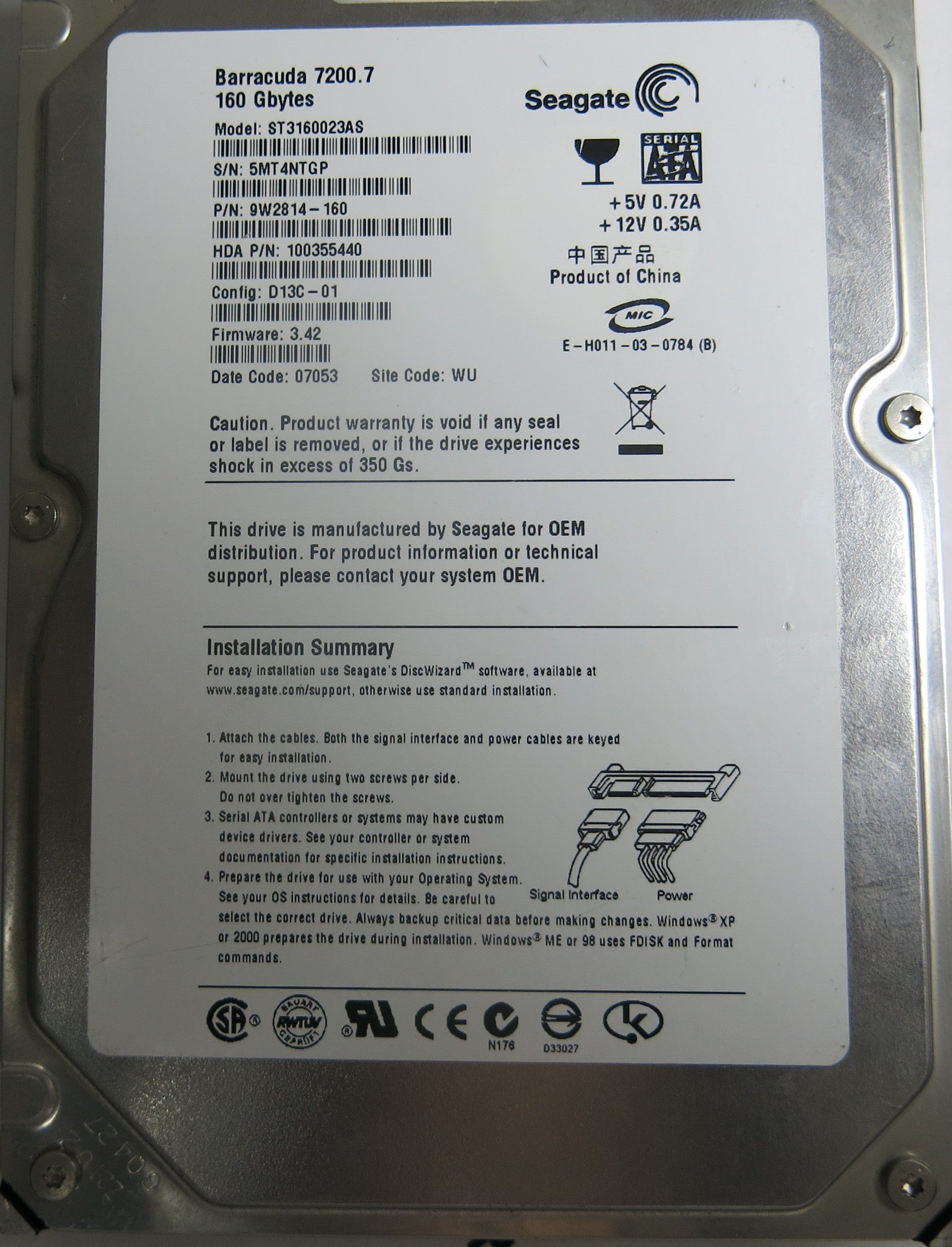 ST3160023AS,Serial:5MT4NTGP,160GB 3.5