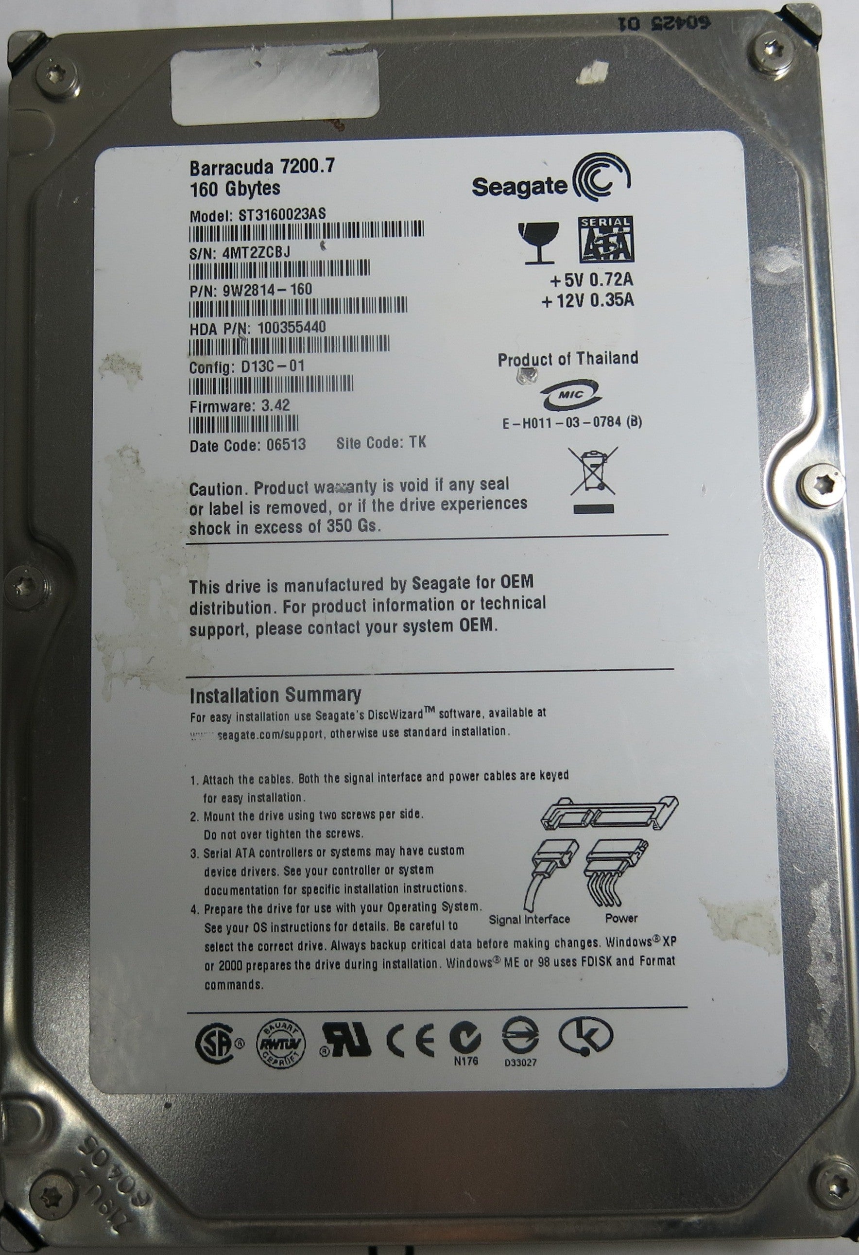 ST3160023AS, Serial:4MT2ZCBJ,160GB 3.5