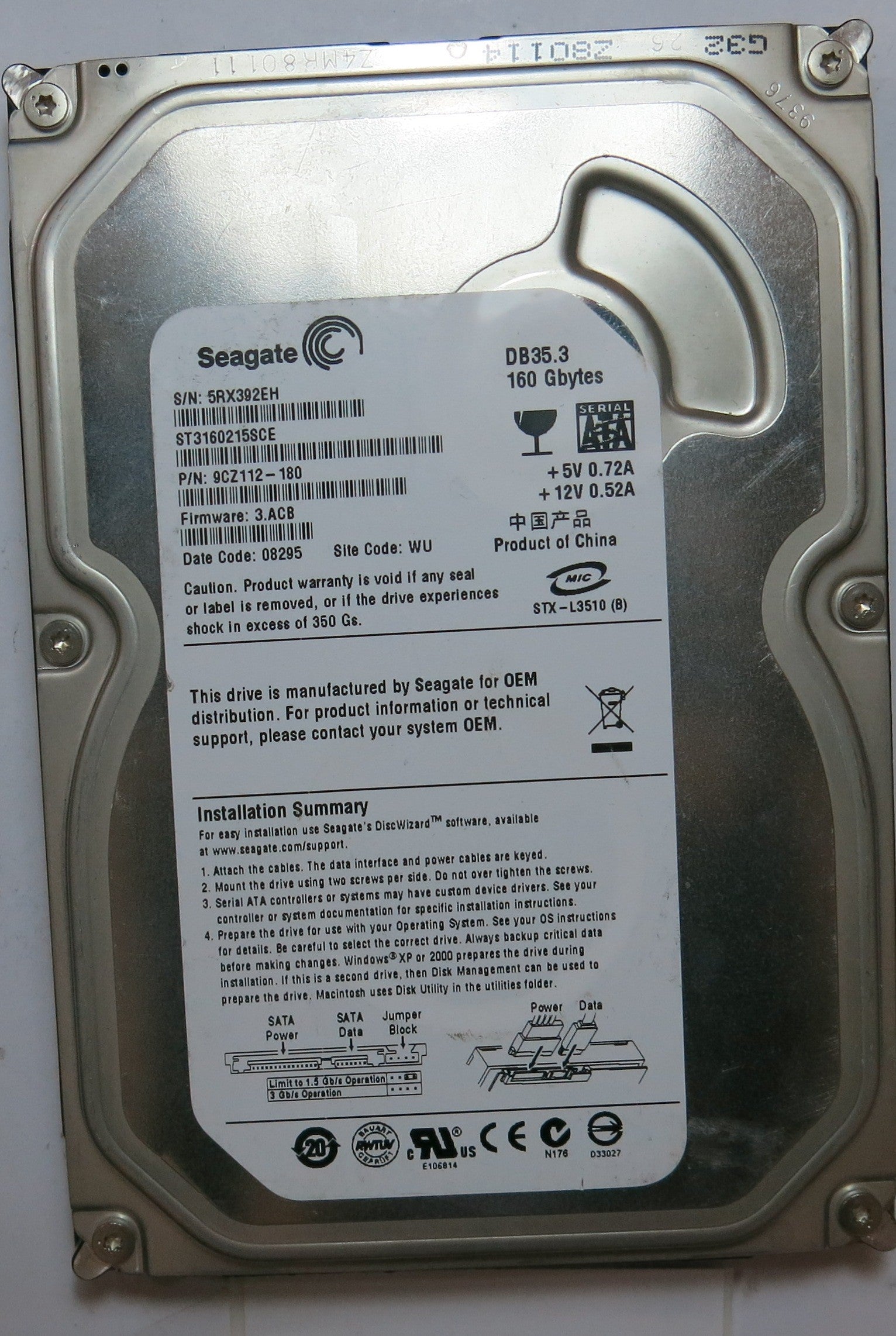 ST3160215SCE  PCB: 100422559 REV C SERIAL NUMBER: 5RX392EH PN 9CZ112'180 FW 3.ACB 160 GB