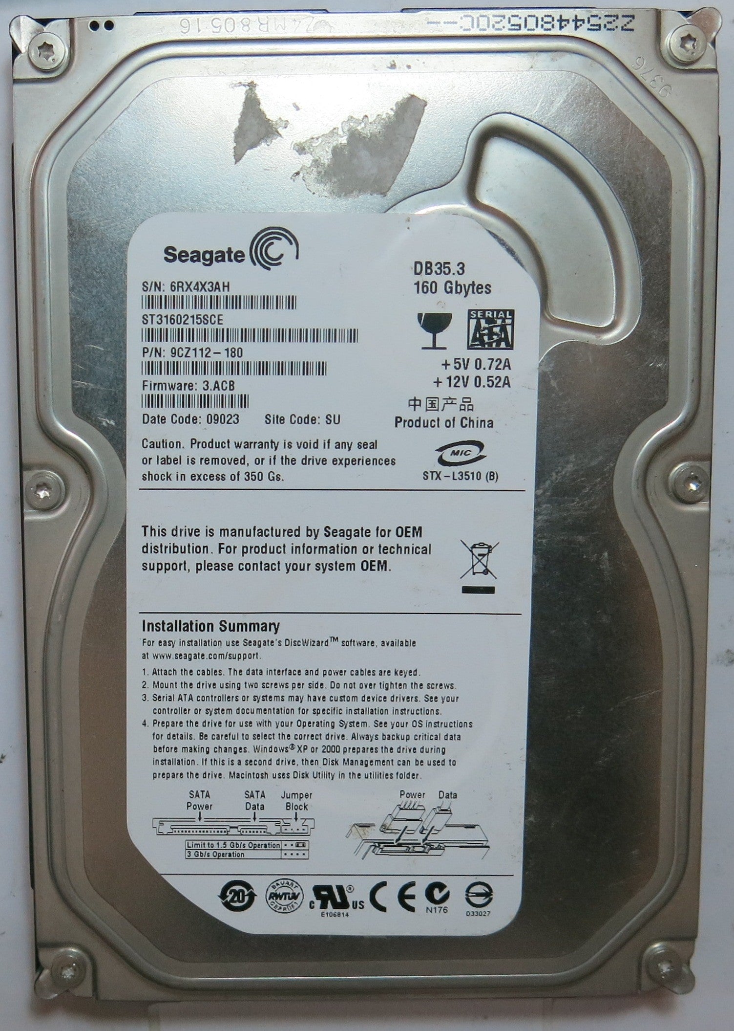 ST3160215SCE  PCB: 100422559 REV C SERIAL NUMBER: 6RX4X3AH PN 9CZ112-180  FW 3.ACB  160 GB