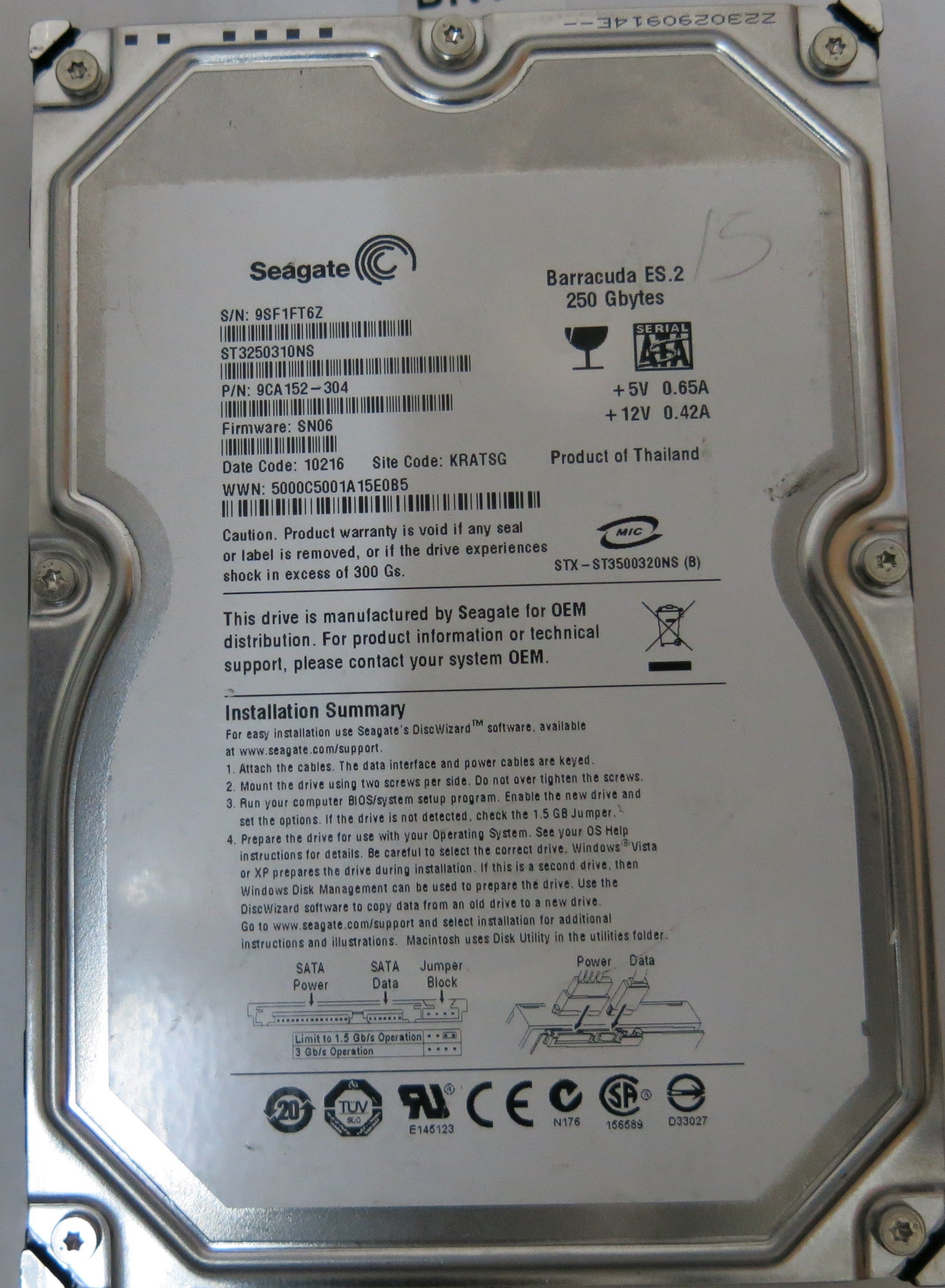ST3250310NS,Serial:9SF1F6Z,250GB 3.5