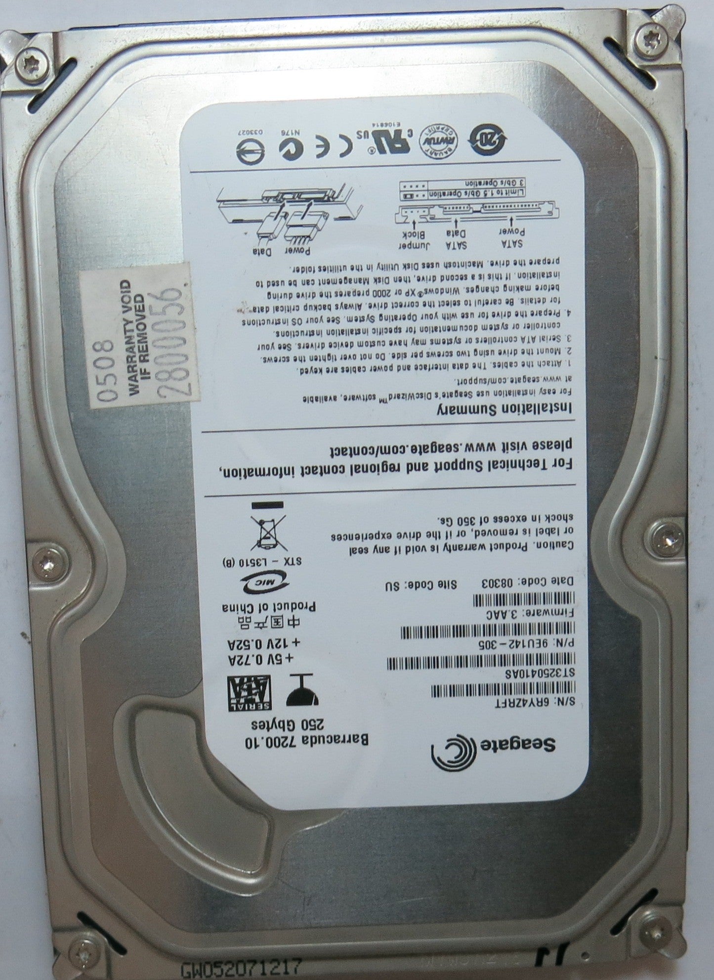 ST3250410AS PCB: 100468303 REV A SERIAL NUMBER: 6RY4ZRFT PN 9EU142-305  FW 3.AAC  250 GB