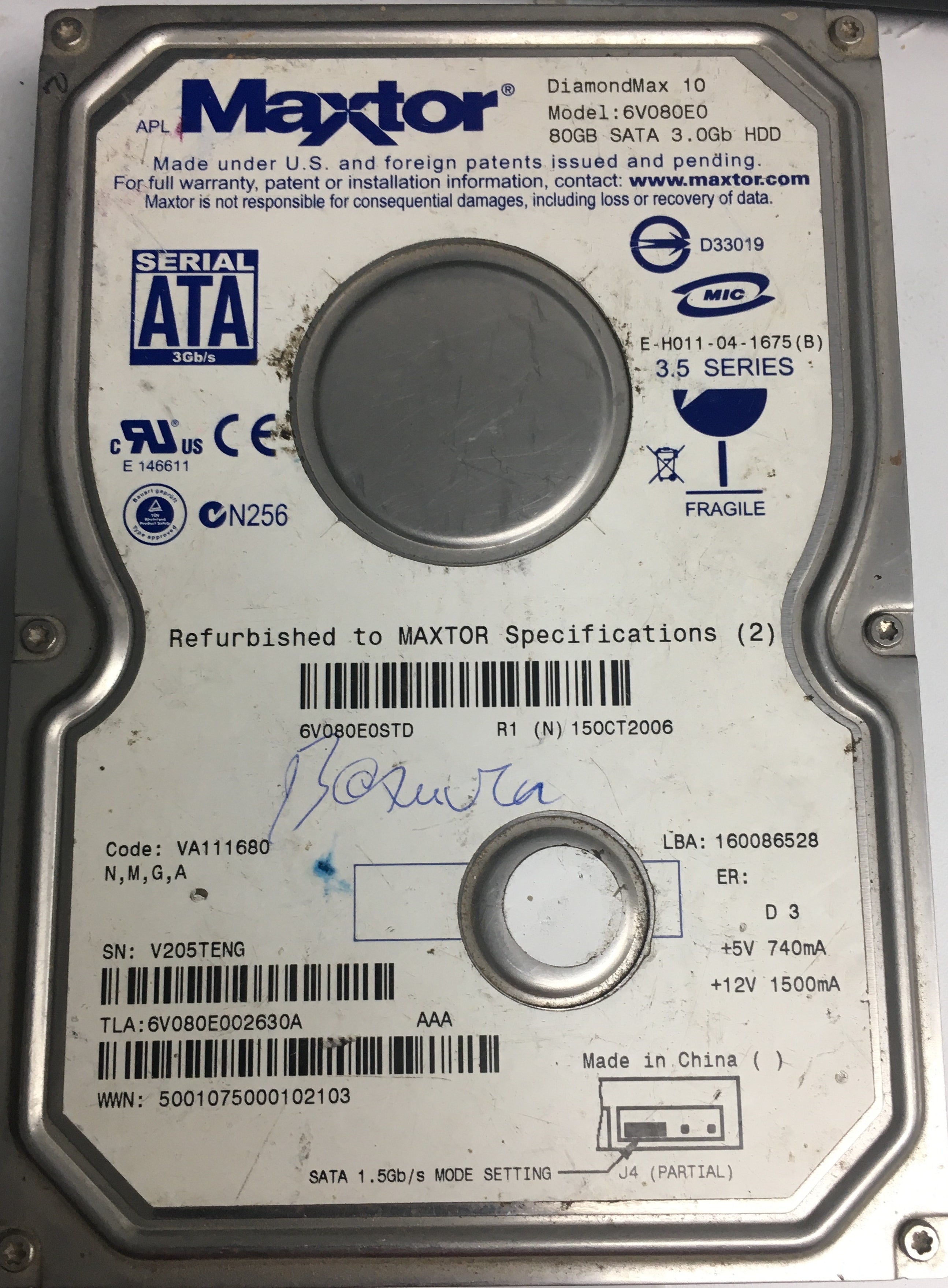 6V080E0,  Serial:V205TENG,  80GB 3.5,  PCB:302136100- REV A