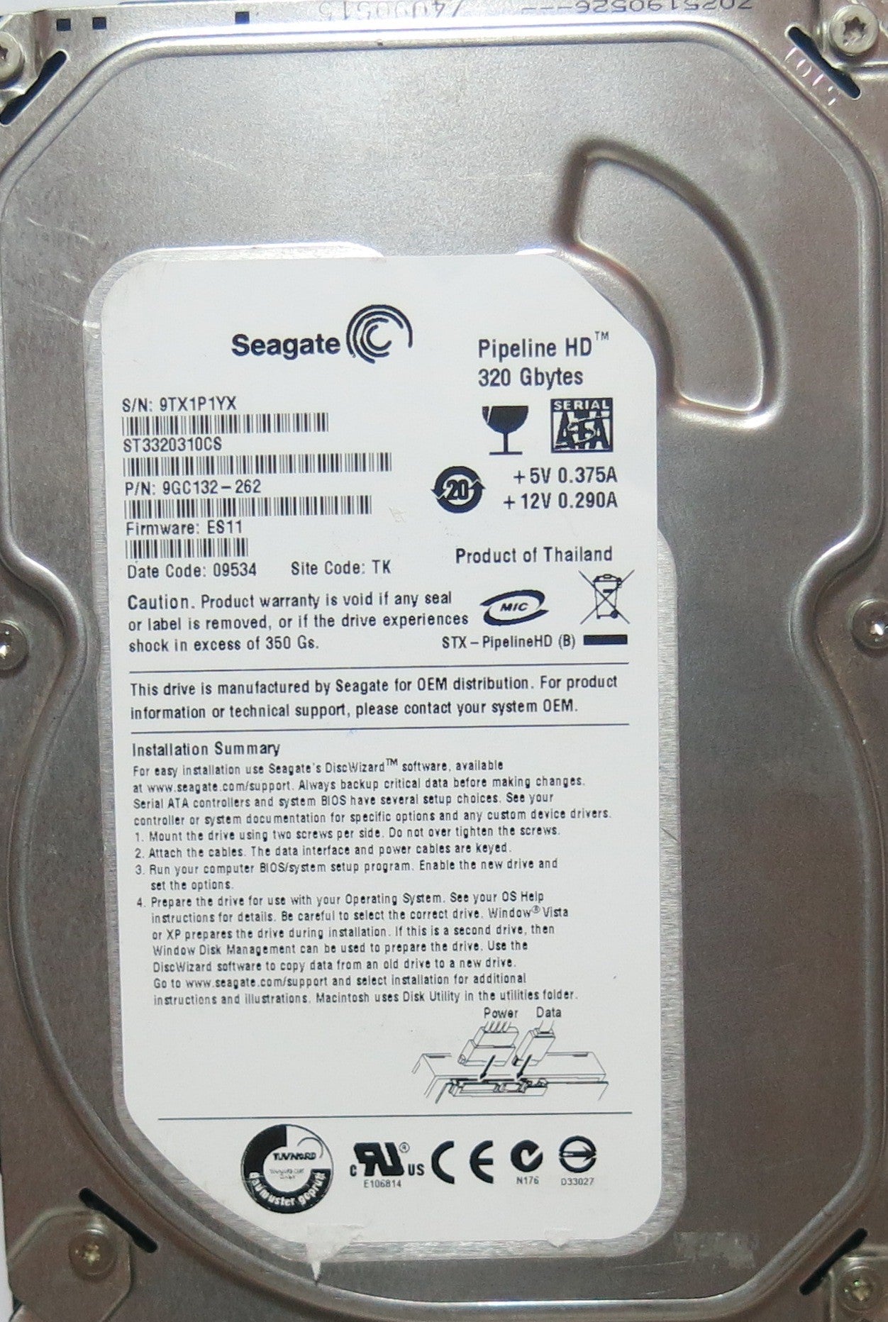 ST3320310CS PCB: 100504364 REV B SERIAL: 9TX1P1YX PN 9GC132'262 FW ES11 320,GB