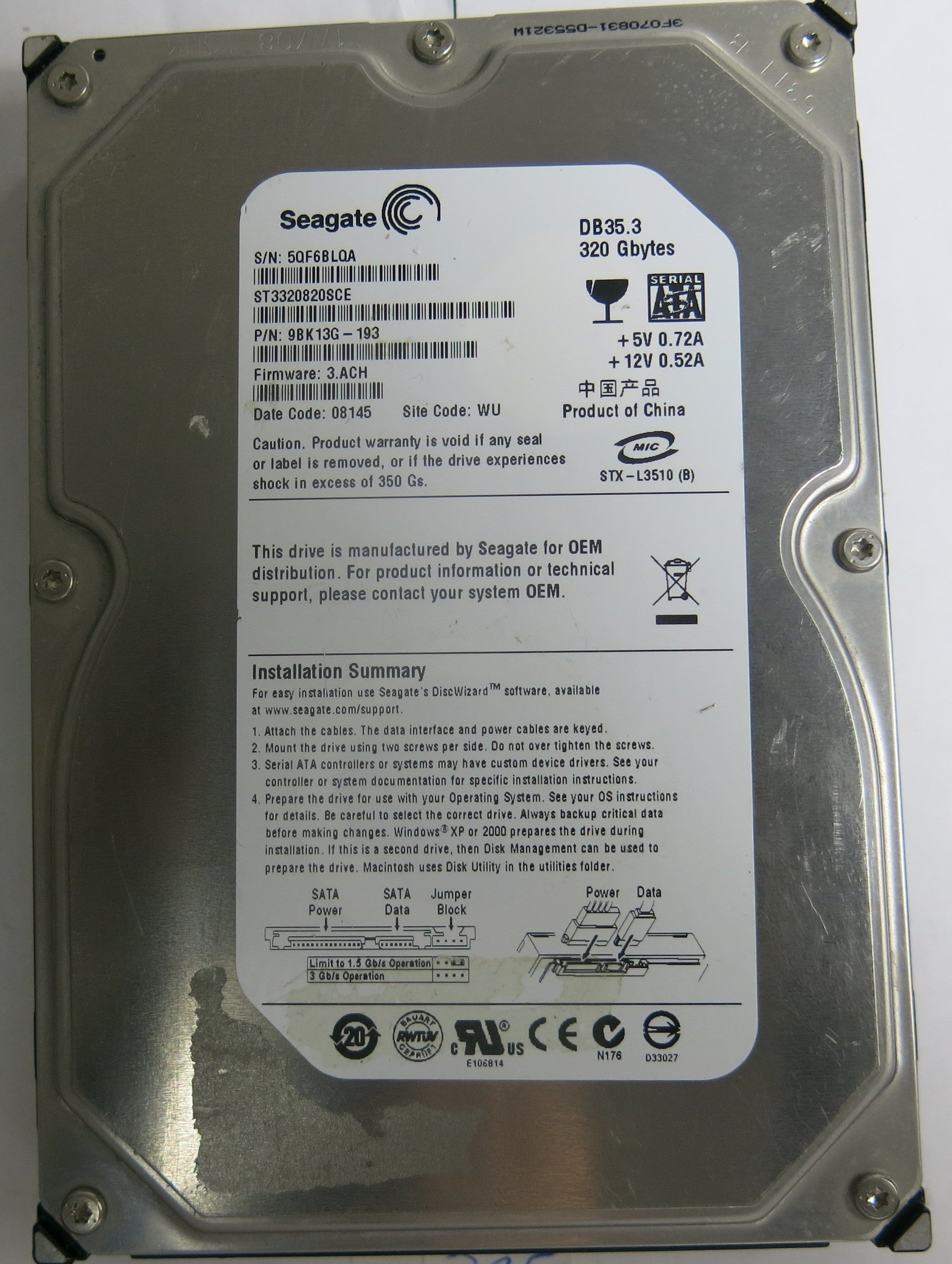 ST3320820SCE,Serial:5QF6BL0A,320GB 3.5